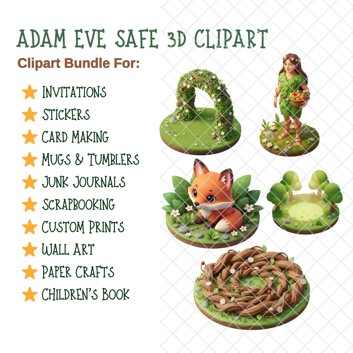 Adam and Eve Safe 3D Clipart PNG Bundle – 60 Garden of Eden Christian Bible Graphics