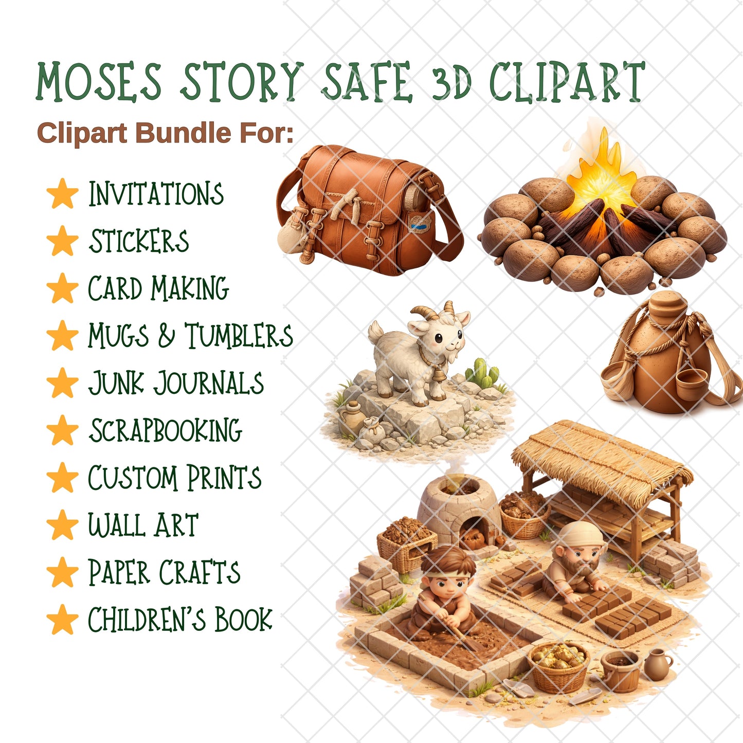 Moses Bible Story 3D Clipart PNG Bundle – 64 Christian Old Testament Scenes for Sunday School & Homeschool