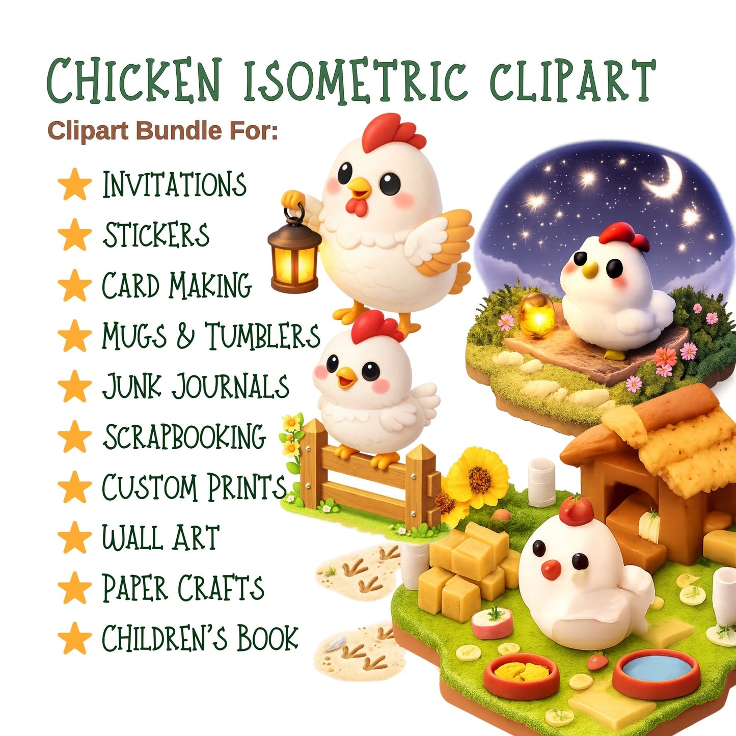 Chicken Clipart Bundle – 3D Farm Animals PNG (40 Files) – Isometric Hens, Chicks, Coop, Easter & Seasonal Graphics