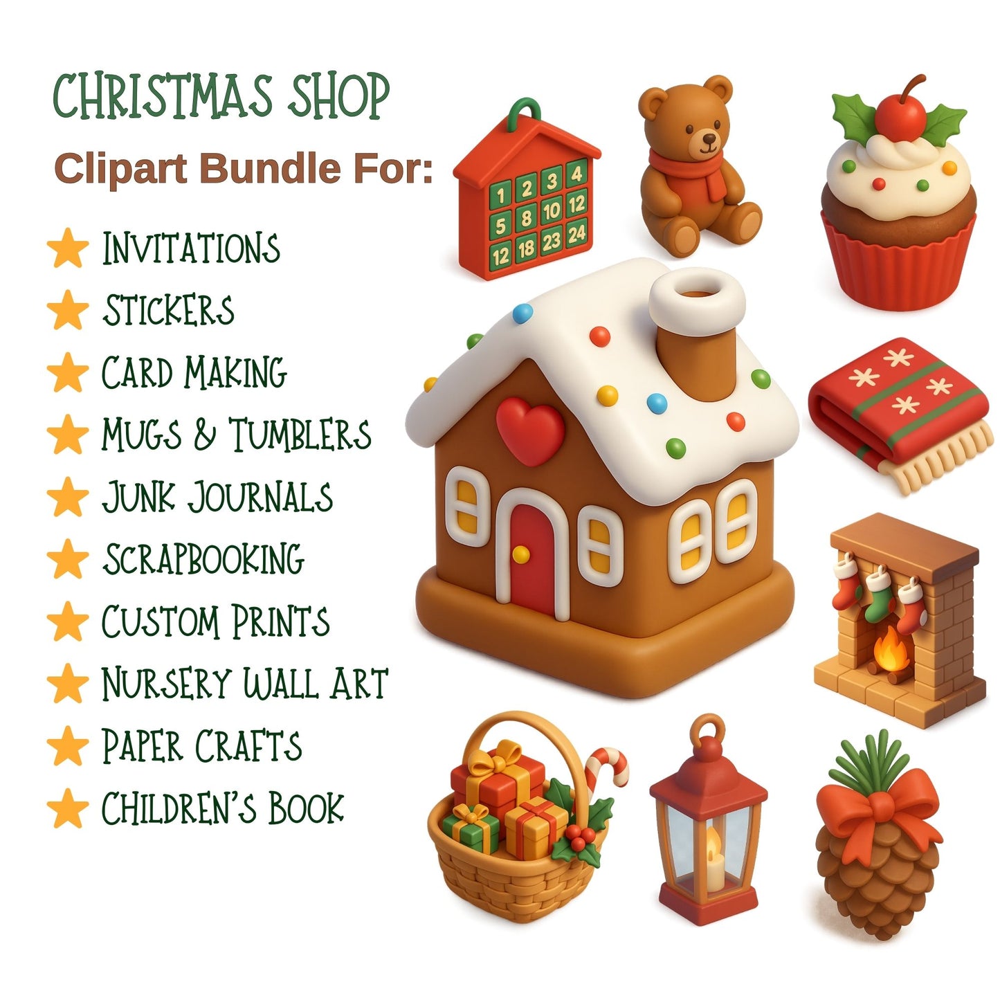 Christmas & Holiday 3D Clipart – 53 PNG Santa, Winter Decor & Festive Illustrations