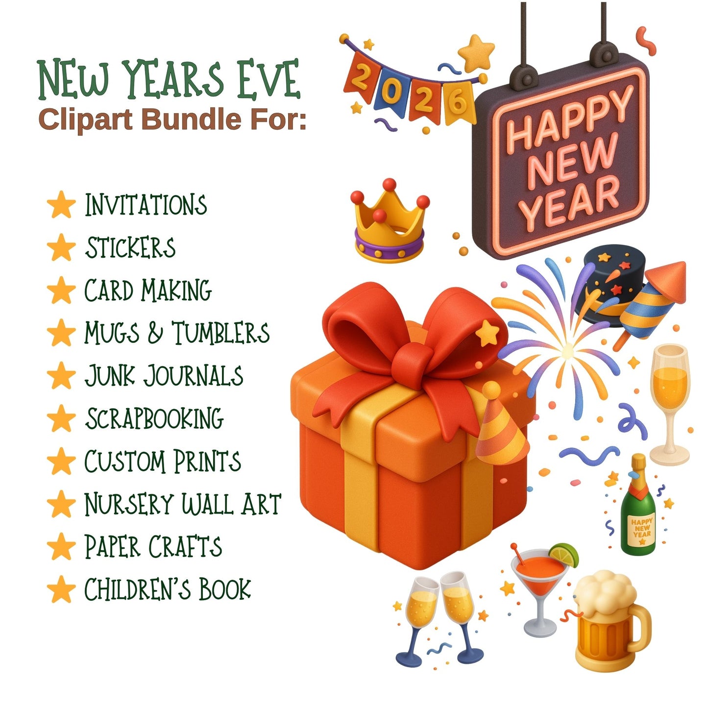New Year’s Eve Clipart Bundle 2026 – 3D Party PNG, New Year Decorations, Champagne & Fireworks, Holiday Clipart, 70 PNG