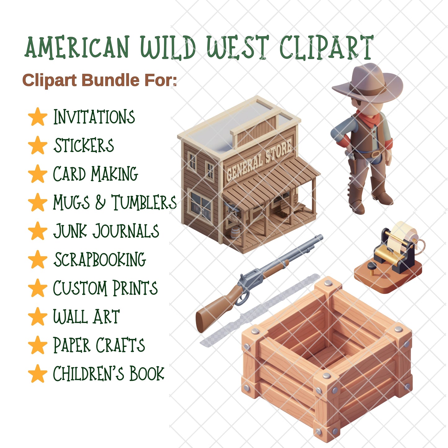 American Wild West 3D Clipart PNG Bundle – 50 Cowboy, Sheriff & Saloon Western Graphics