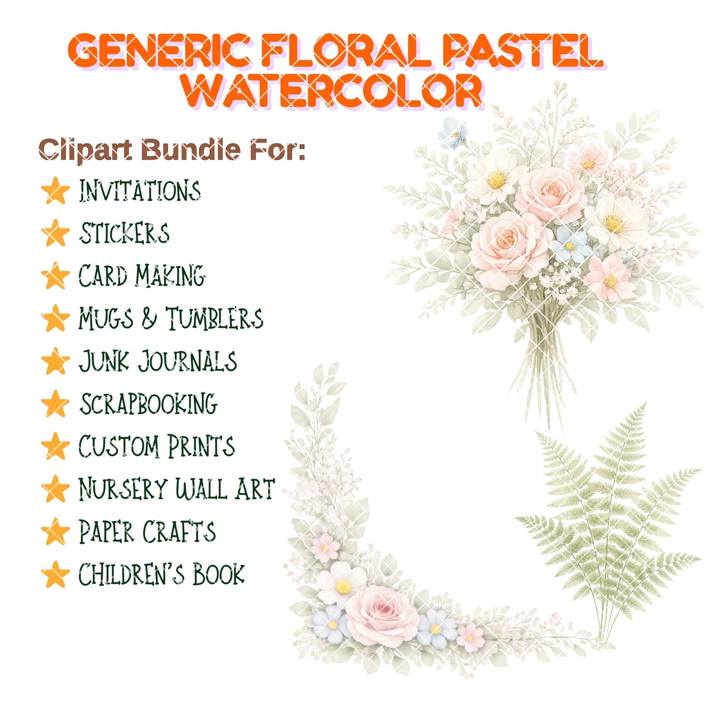 Pastel Floral Watercolor Clipart – 55 Flower PNG Files – Roses, Peonies, Tulips & Bouquet Graphics