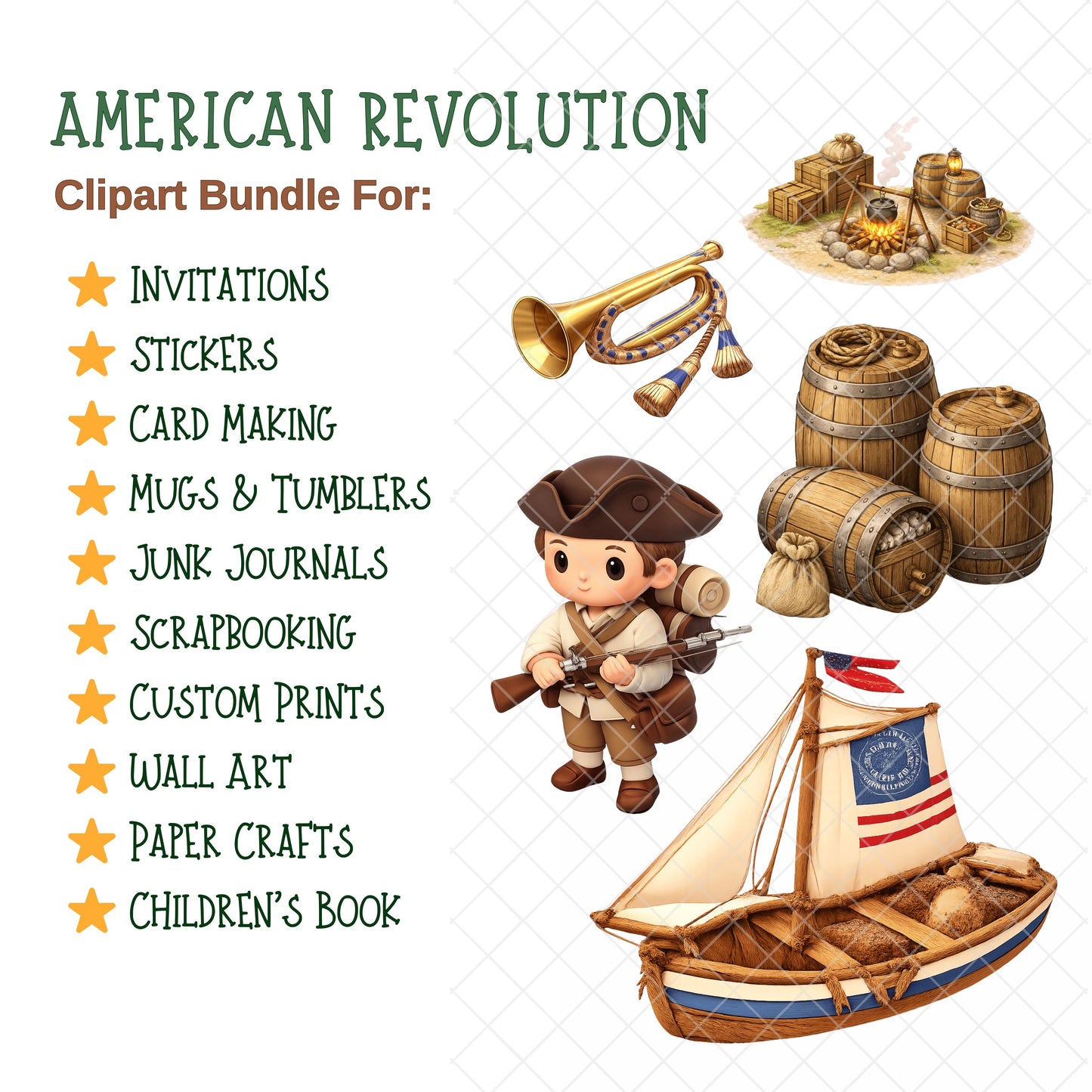 American Revolution Clipart Bundle – Colonial Soldiers, Flags & Camps PNG, US History Classroom Graphics, Educational 3D Art, 59 PNG