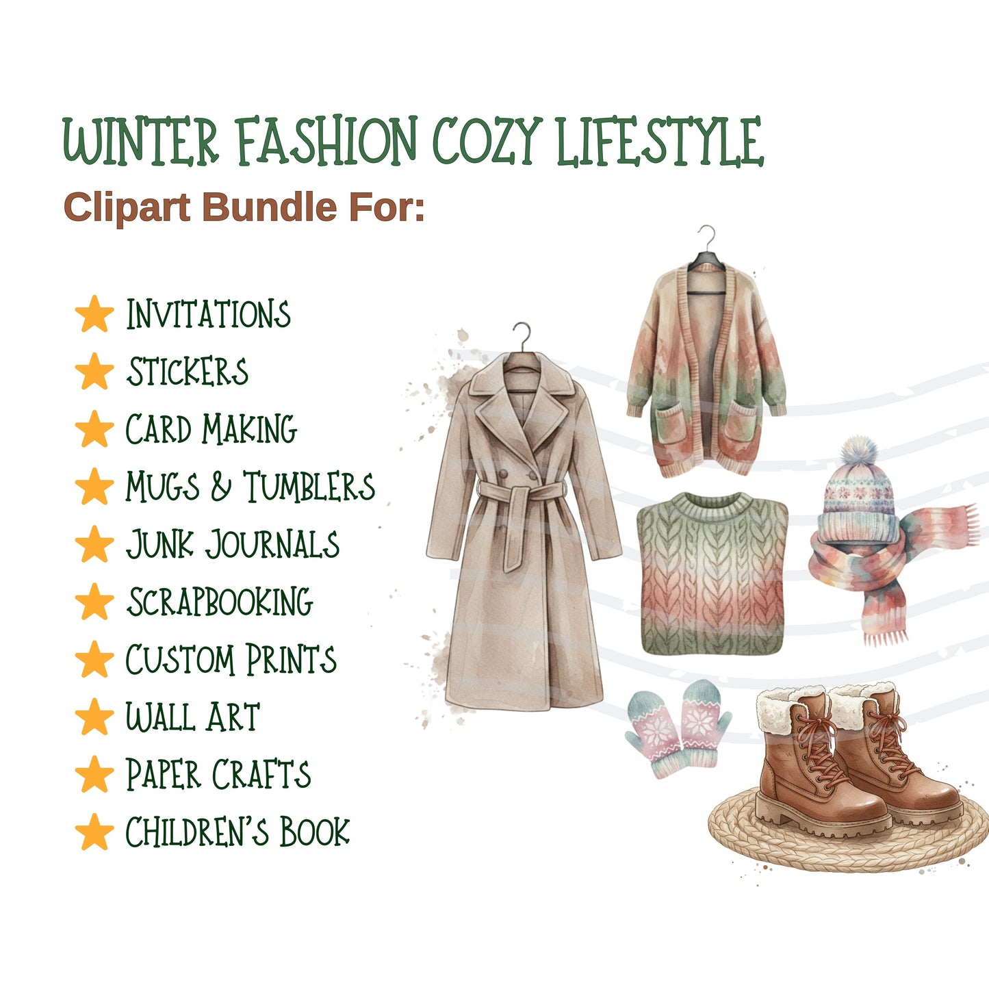 Hygge Winter Watercolor Clipart – Cozy Lifestyle PNG Bundle | Sweaters, Hot Cocoa, Books, Winter Fashion Art