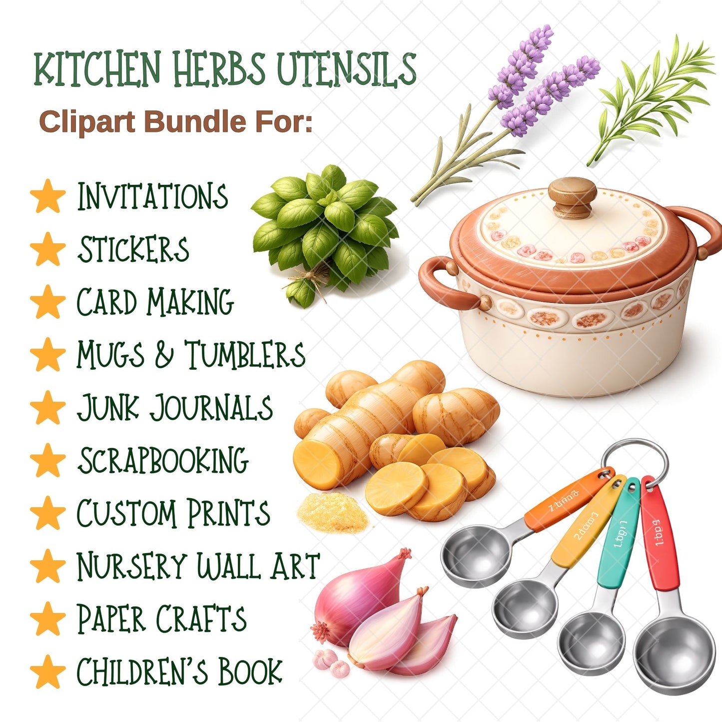 Kitchen Herbs Clipart PNG Bundle – 50 Cooking Utensils, Vegetables & Spices | Culinary Digital Download