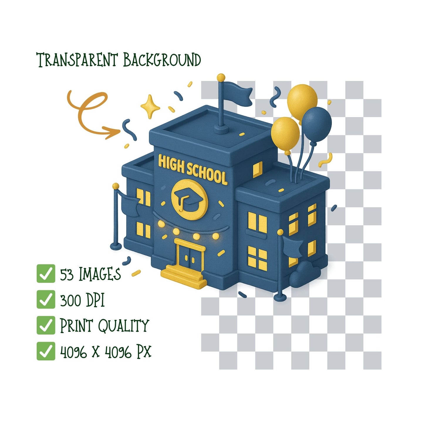 Graduation 3D Clipart Bundle – Class of 2025 PNGs, Isometric Graduation Party Graphics (53 Files)