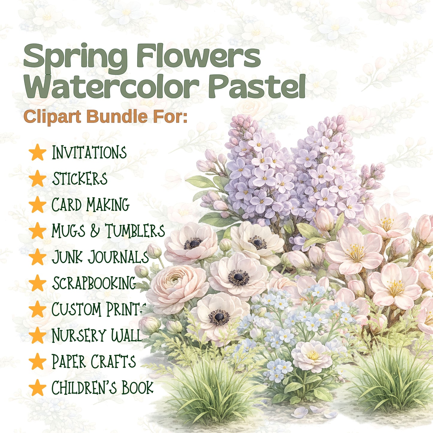 Spring Watercolor Floral Clipart – Pastel Magnolia & Rose PNG Bundle (55 Files) – Wedding, Easter & Bridal Shower Graphics