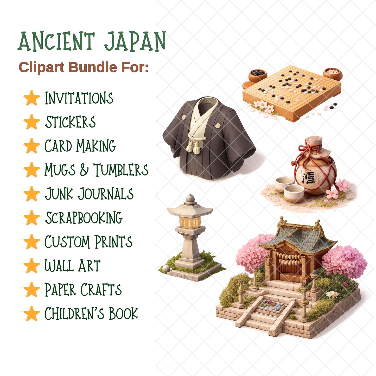 Ancient Japan PNG Clipart Bundle, Samurai Armor & Japanese Temple Art, Pagoda Lantern Zen Graphics, Watercolor 3D Style, Commercial Use, 55 PNG