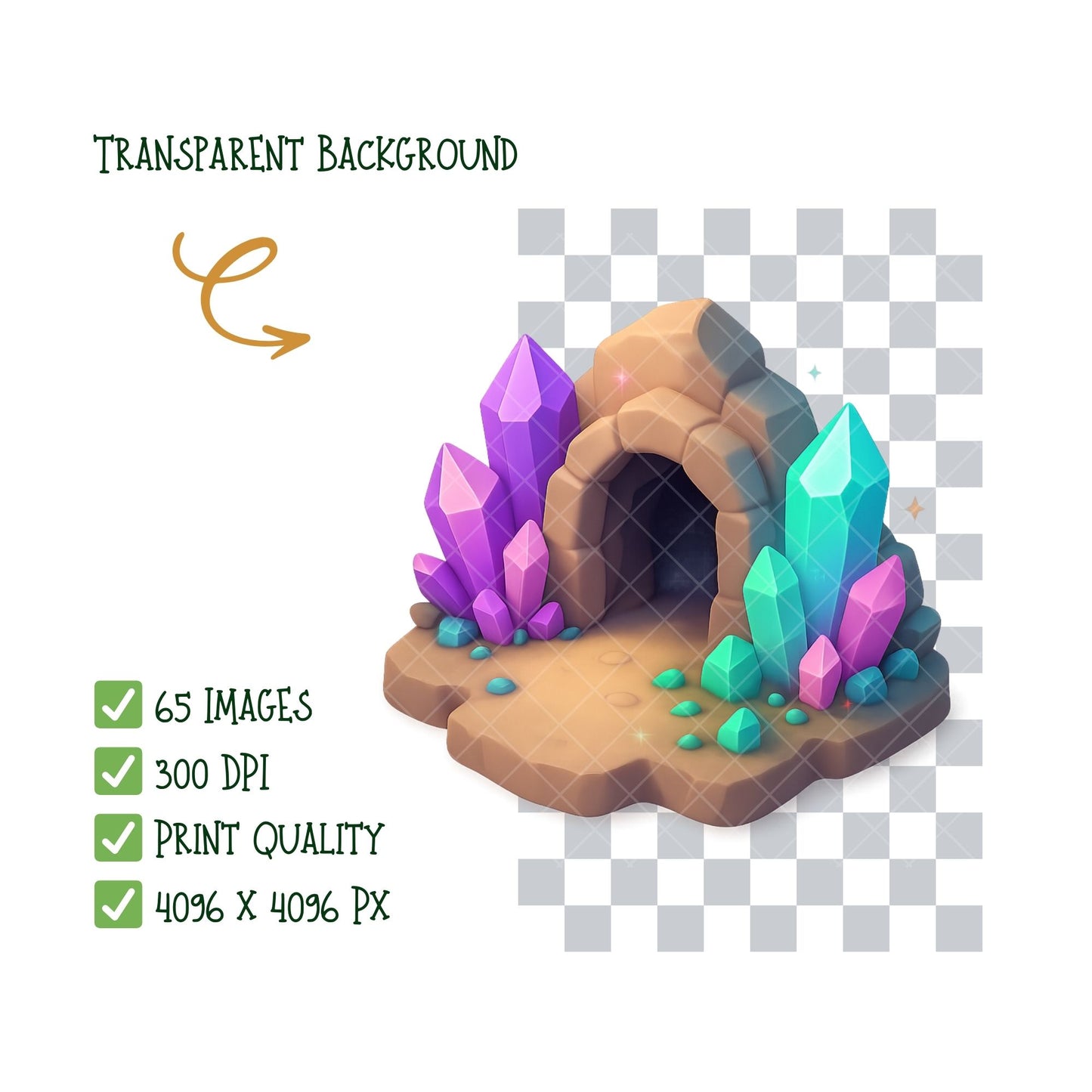 Crystal Cave Clipart, 3D Gemstones PNG, Fantasy Minerals Alchemy Art, Enchanted Crystals & Caves Set (65 PNG)