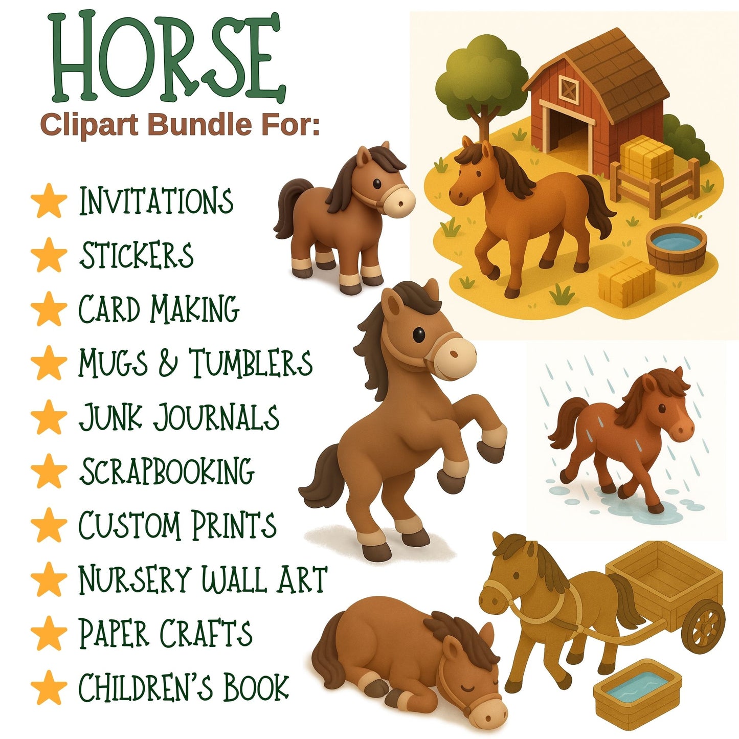 Cute Horse & Pony Clipart Bundle – Farm Animal PNG Designs for Kids, Western Party & Crafts (50 Files)