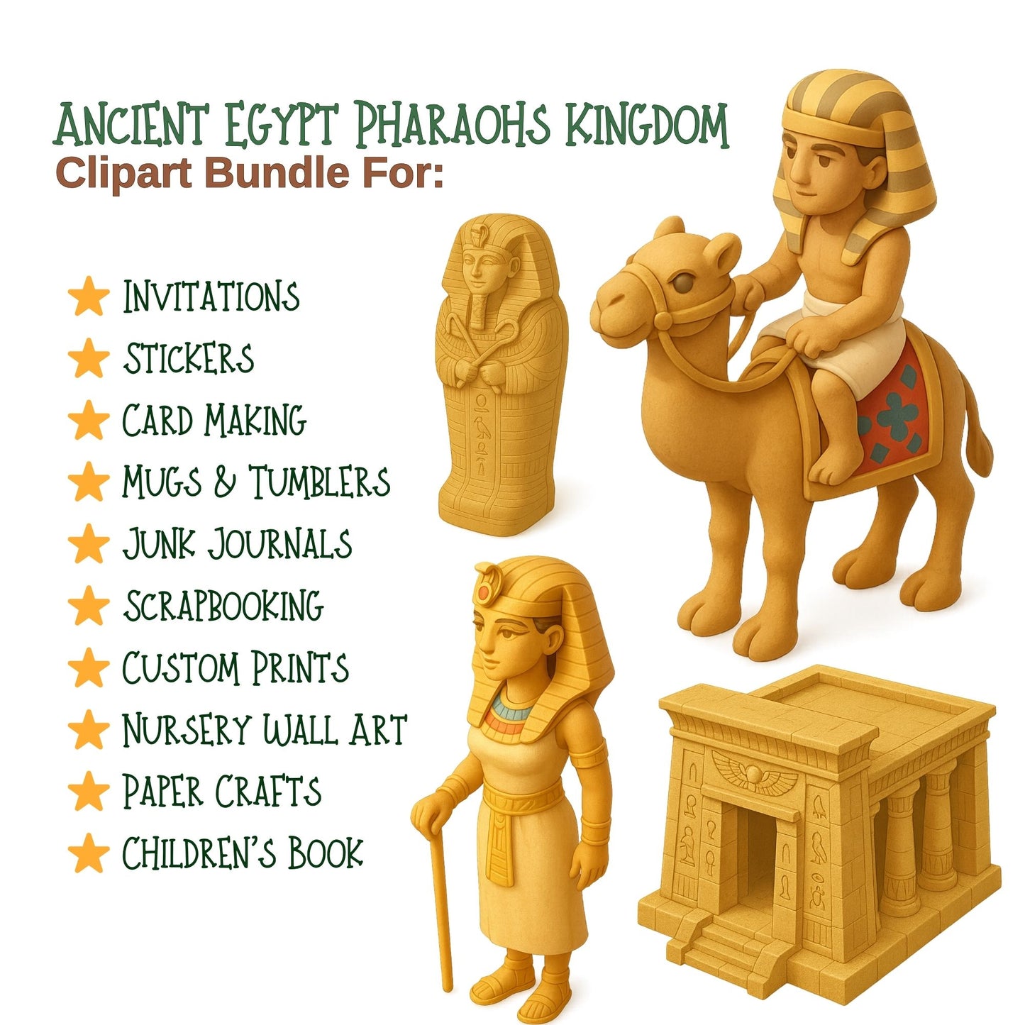 Ancient Egypt 3D Clipart Bundle – Pharaohs, Pyramids & Gods PNG, History Classroom Graphics for Teaching, Crafts & Projects, 64 PNG