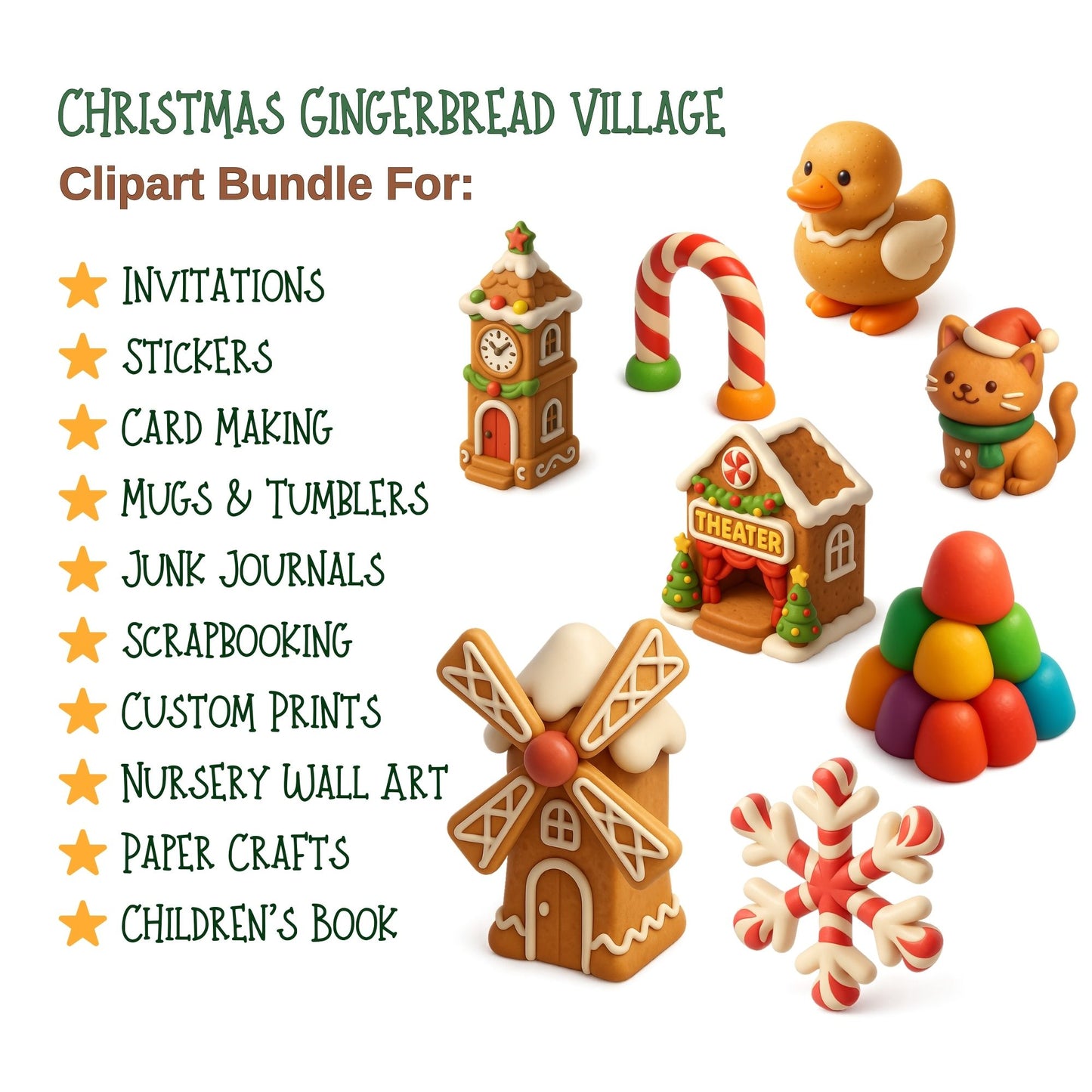 Gingerbread Village Clipart Bundle – 3D Christmas PNG, Candy House & Holiday Town Graphics, Cute Festive Clipart, 60 PNG