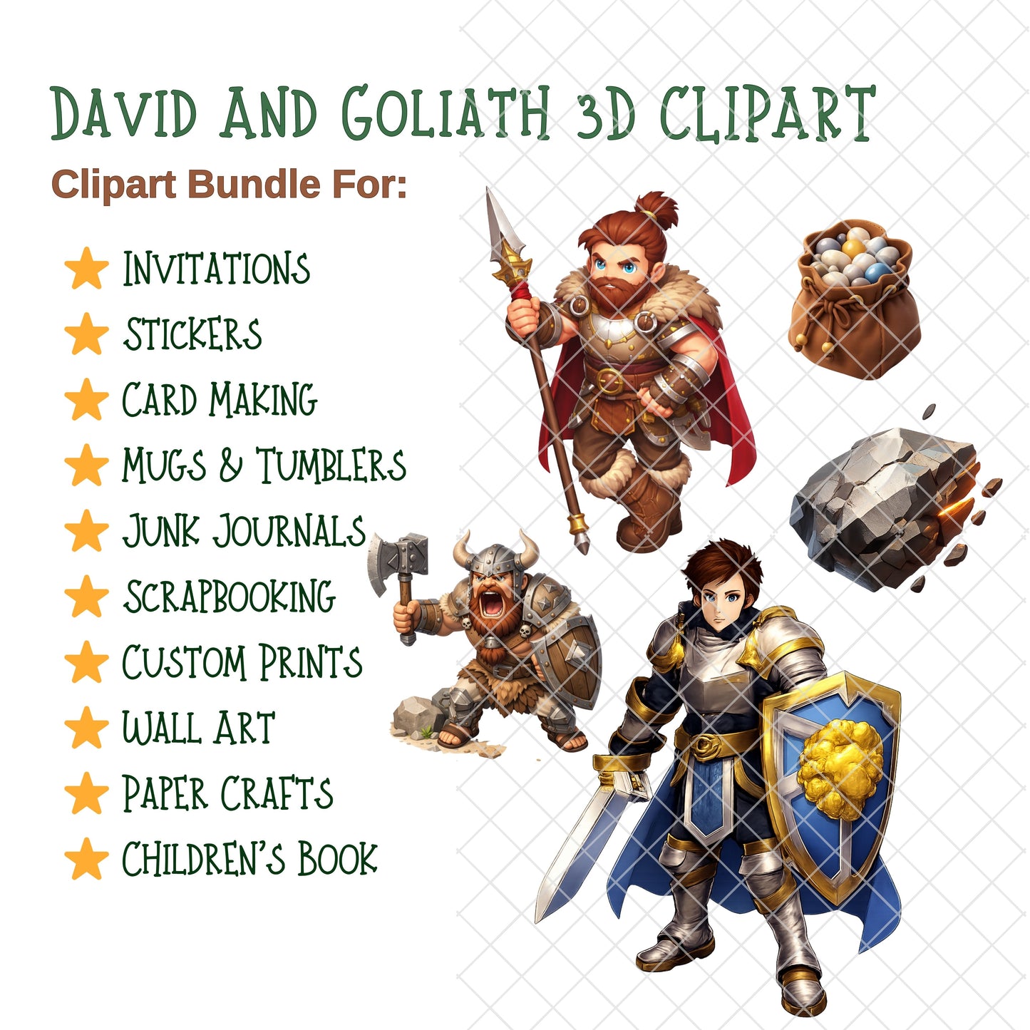 David and Goliath Clipart Set – 58 PNG 3D Bible Story Graphics, Christian Clipart, Sunday School Teaching Resources, Biblical Characters, Kids Bible Crafts