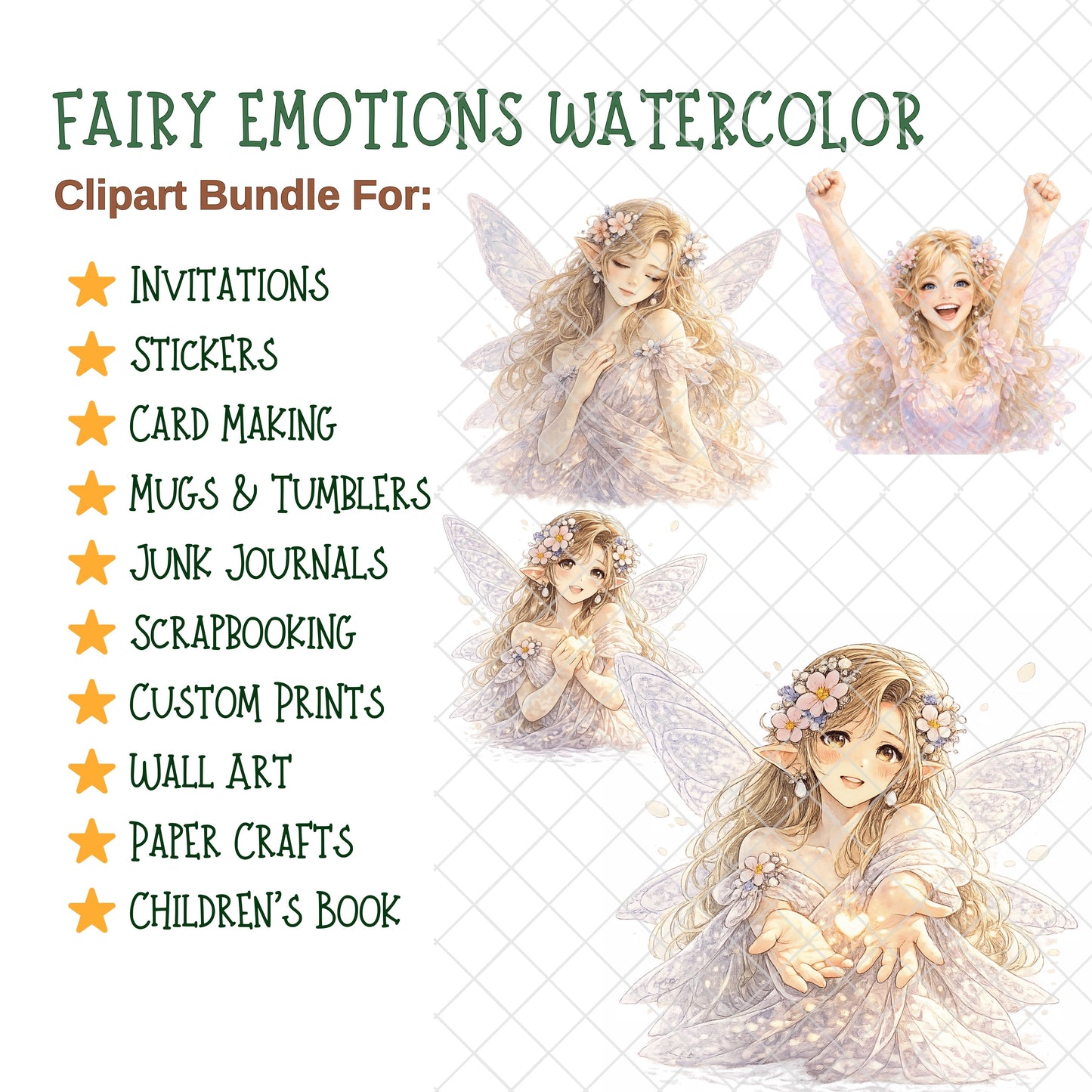 Fairy Emotions Watercolor Clipart PNG Bundle – 55 Fantasy Fairies for Stickers, Sublimation & Kids Projects