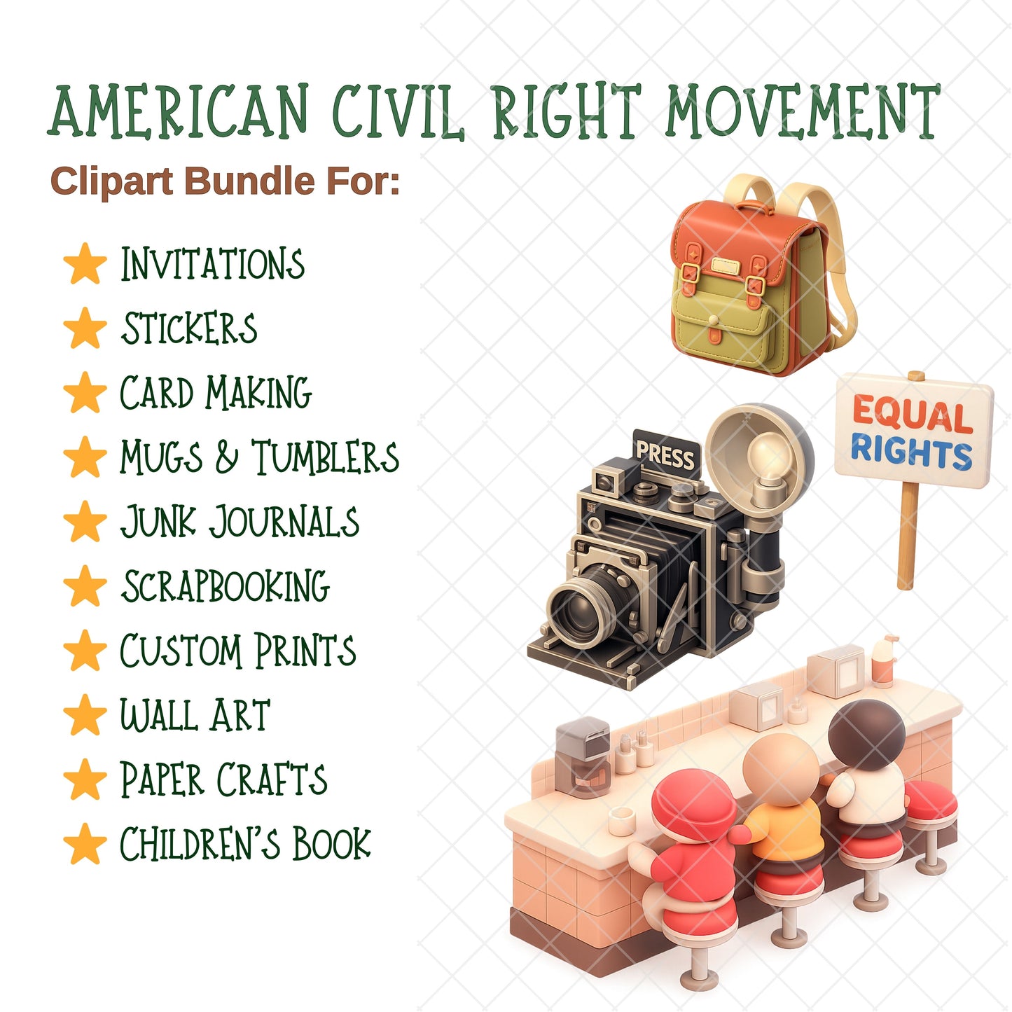 American Civil Rights Clipart Bundle – History PNG, Voting & Protest Graphics, Freedom Riders Art, Classroom & Black History Resources, 53 PNG