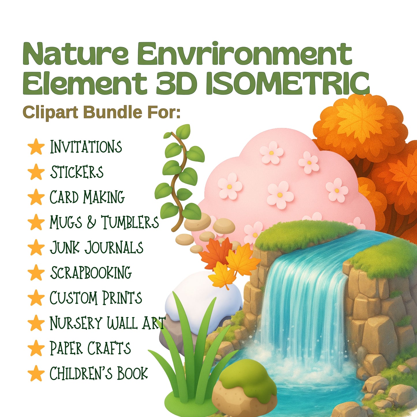 3D Isometric Nature Clipart PNG Bundle – 55 Game Environment Elements for Maps & Digital Design