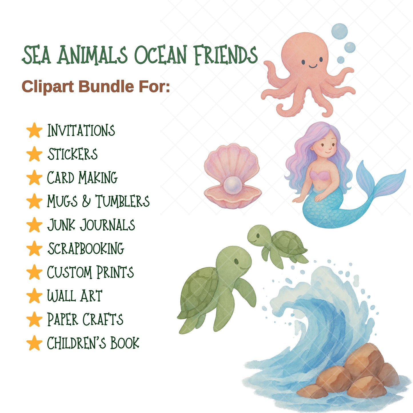 Sea Animals Clipart Bundle | Ocean Friends PNG | Cute Marine Life Watercolor | Under the Sea Kids Clipart | Coral, Pirate Ship, Beach Art
