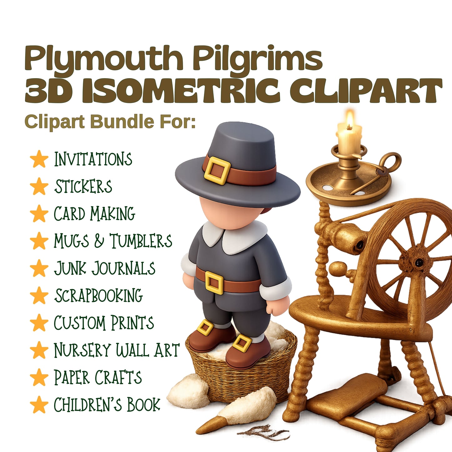 Plymouth Pilgrims 3D Clipart PNG Bundle – 50 Thanksgiving & Early American History Graphics for Classroom