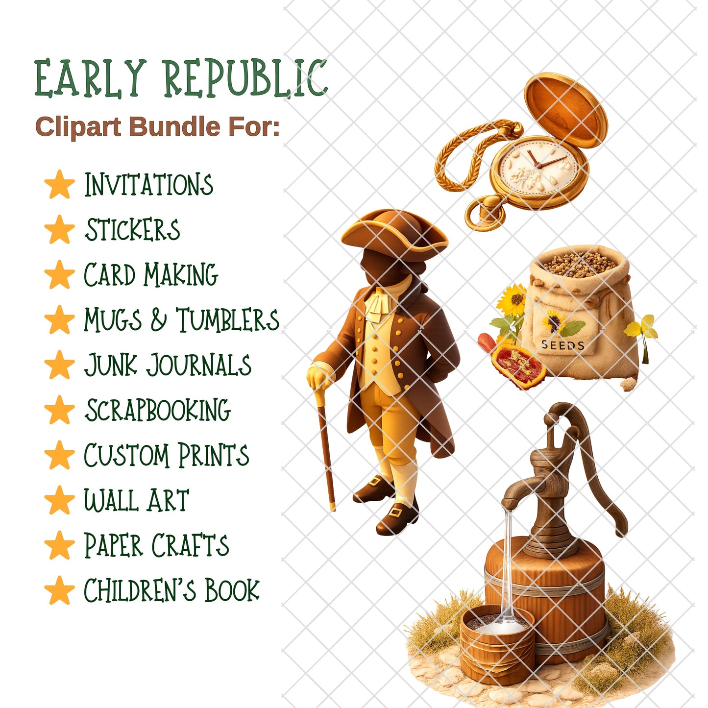 Early Republic Clipart Bundle – Colonial Tools & Pioneer Life PNG, US History Classroom Graphics, Educational 3D Art, 55 PNG