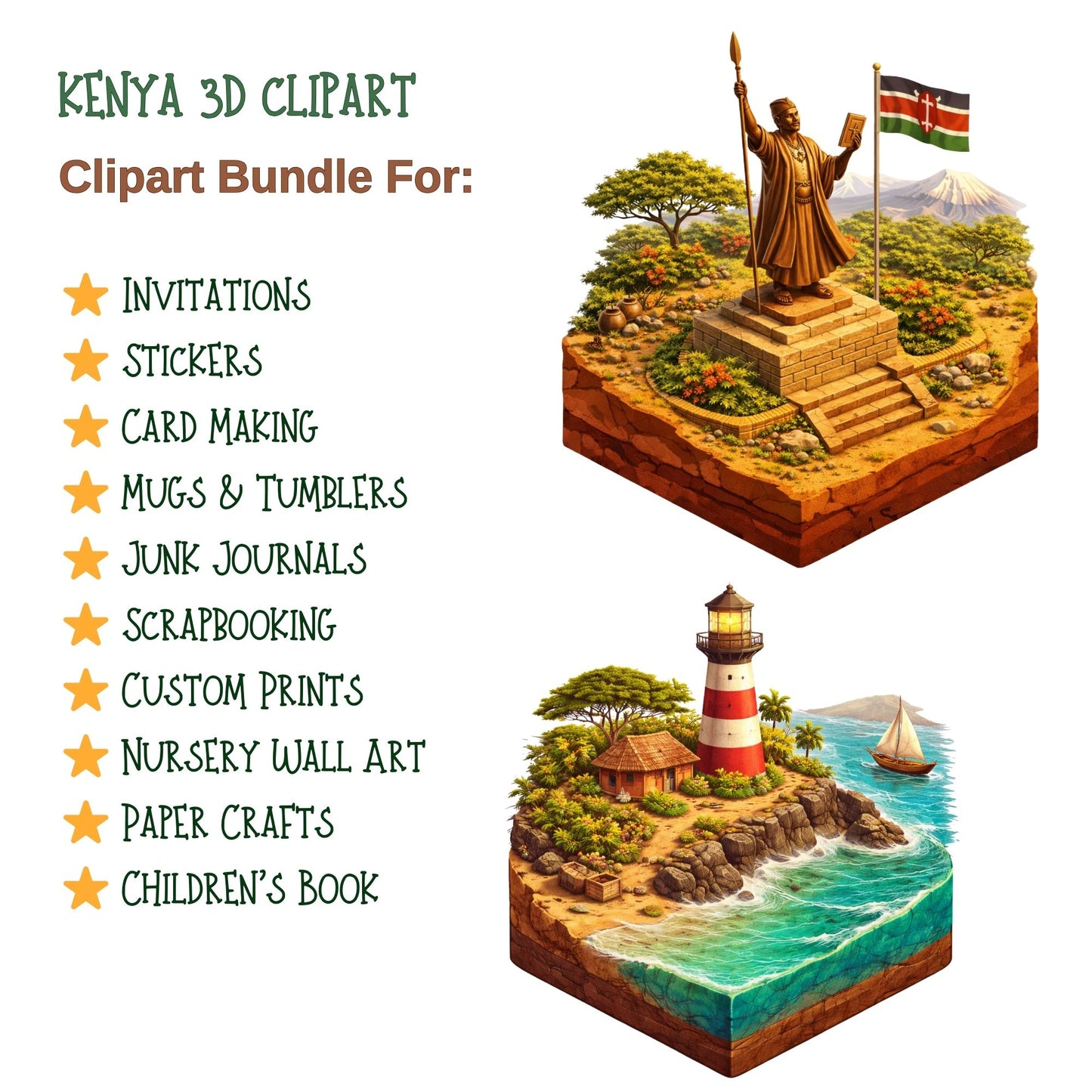 Kenya 3D PNG Clipart Bundle – African Culture, Wildlife & Village Art (50 Files)