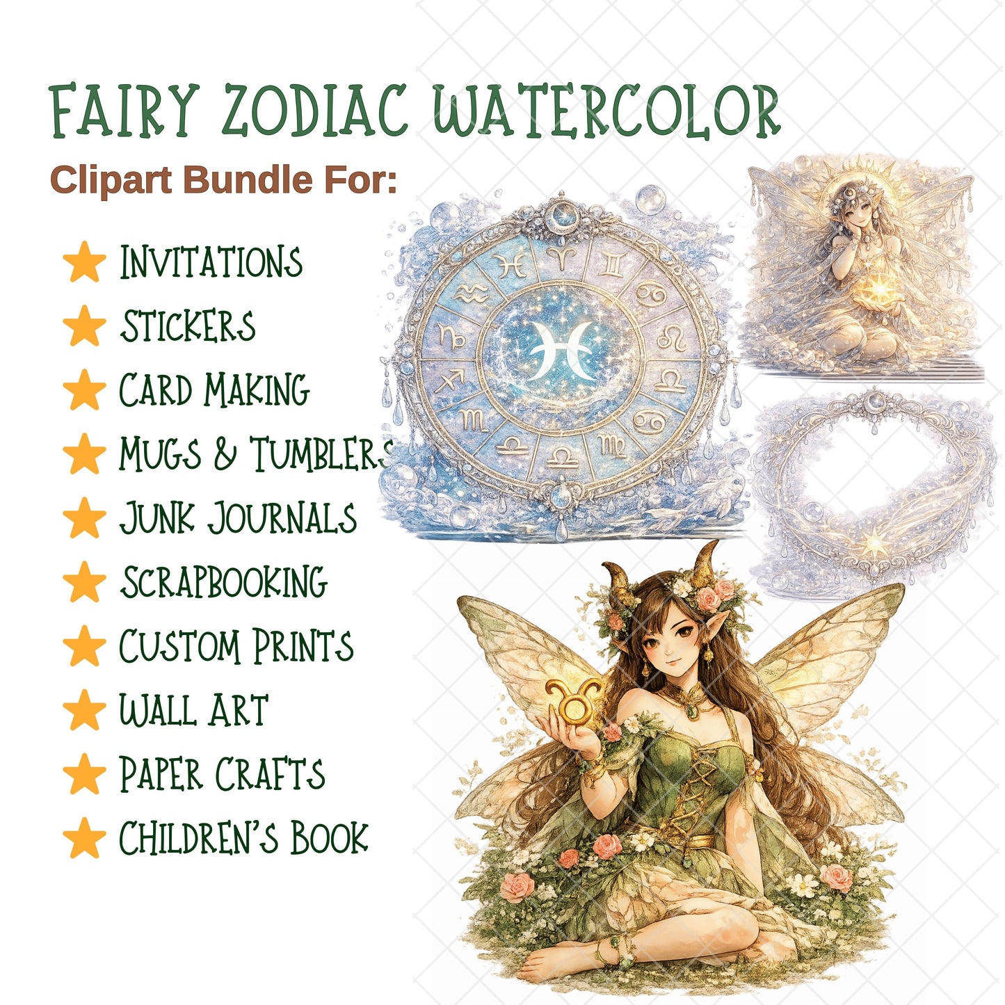 Fairy Zodiac Watercolor Clipart – 55 PNG Files | Astrology Fairies, Horoscope Art, Mystic Celestial Illustrations