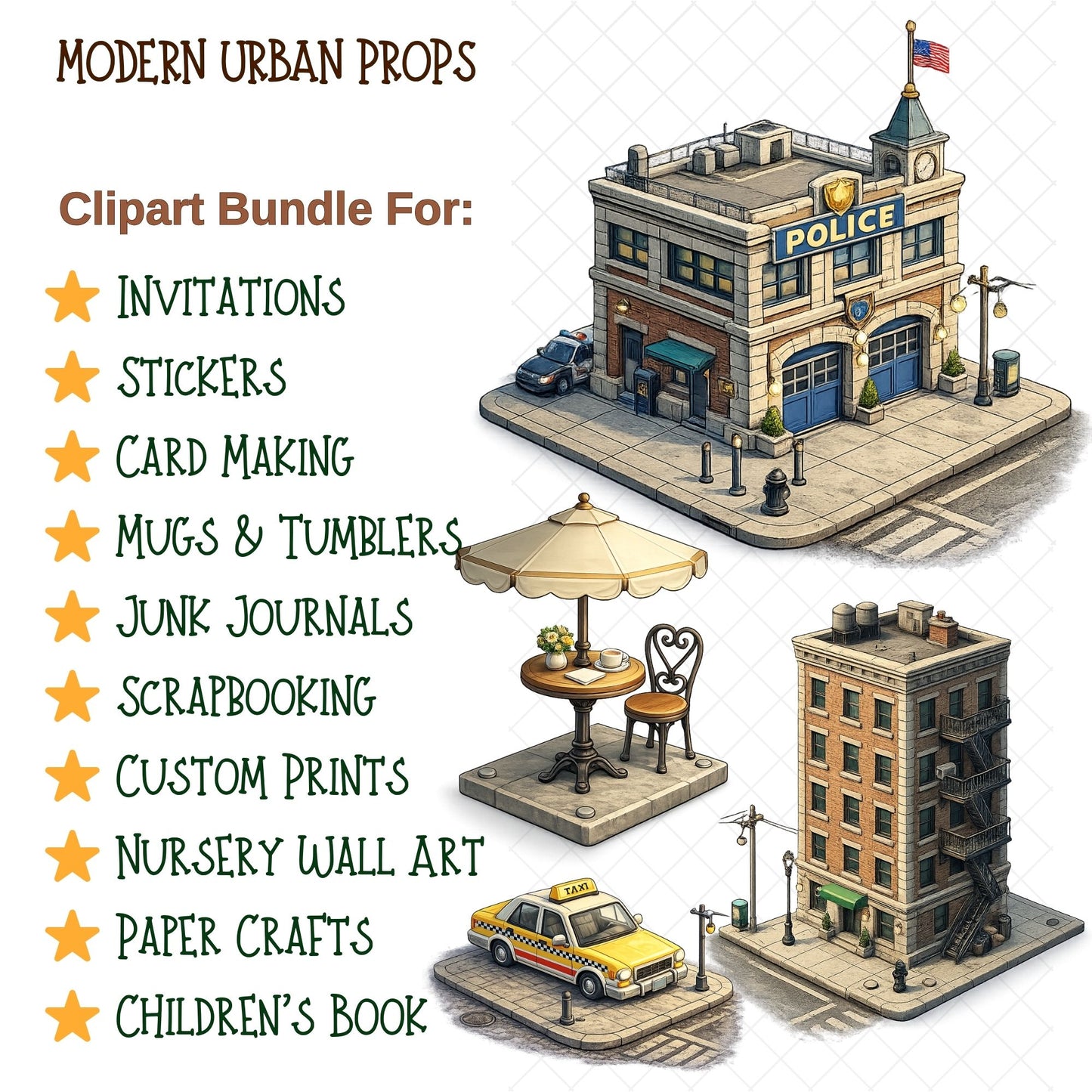 Modern Urban Props 3D Clipart PNG Bundle – 50 City Map & Game Asset Graphics for Isometric Design
