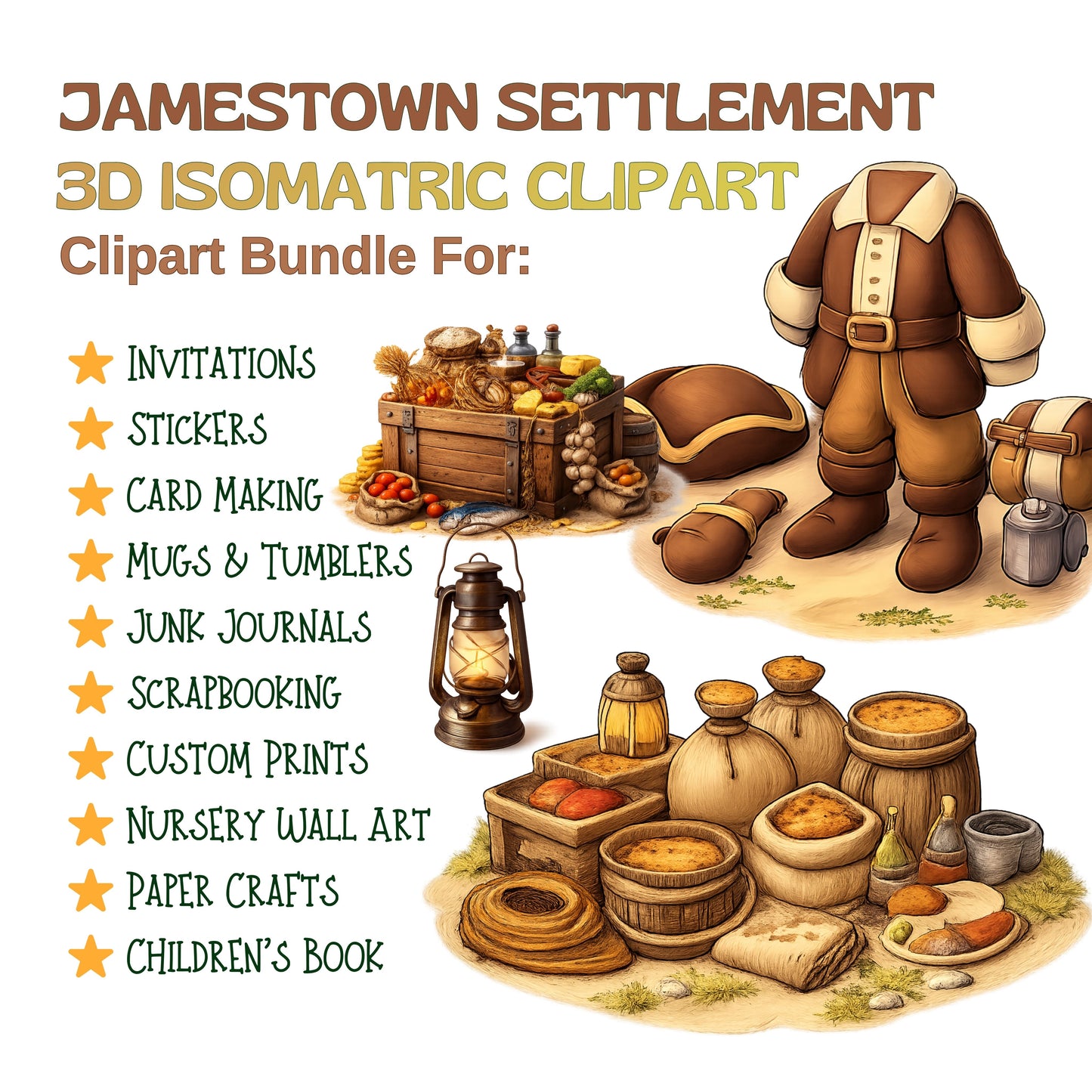 Jamestown Settlement 3D Isometric Clipart Bundle | Colonial America PNG | American History Clipart | Homeschool & Classroom Educational Graphics