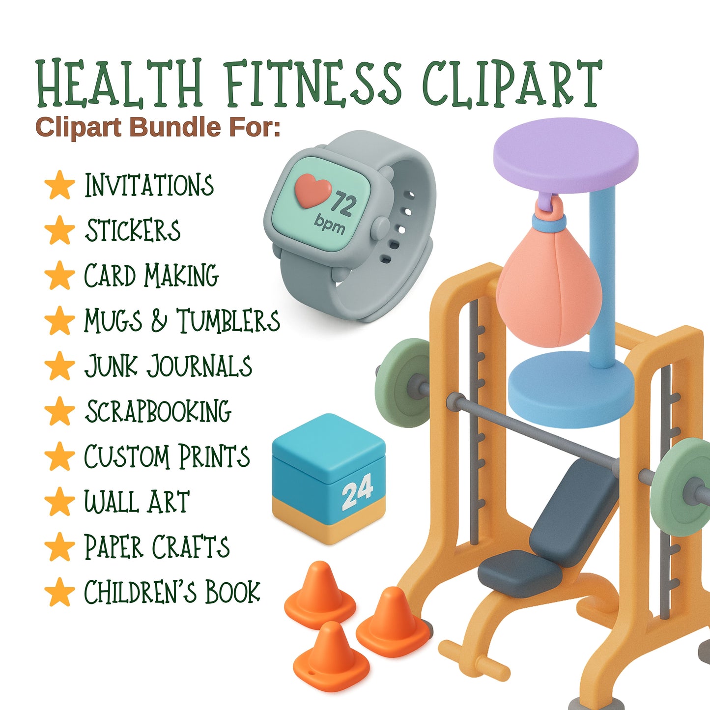 Health & Fitness 3D Clipart PNG Bundle – 55 Gym Equipment & Workout Graphics for Planners & Wellness Design