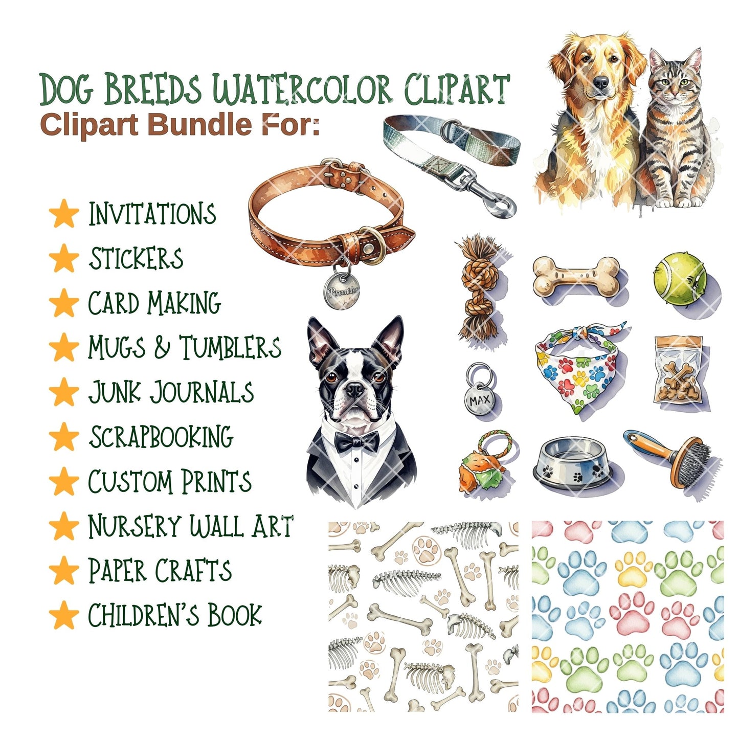 Dog Breeds Watercolor Clipart Bundle – Realistic Puppy PNG, Pet Dog Illustrations for Sublimation, Scrapbooking & Crafts, 54 PNG