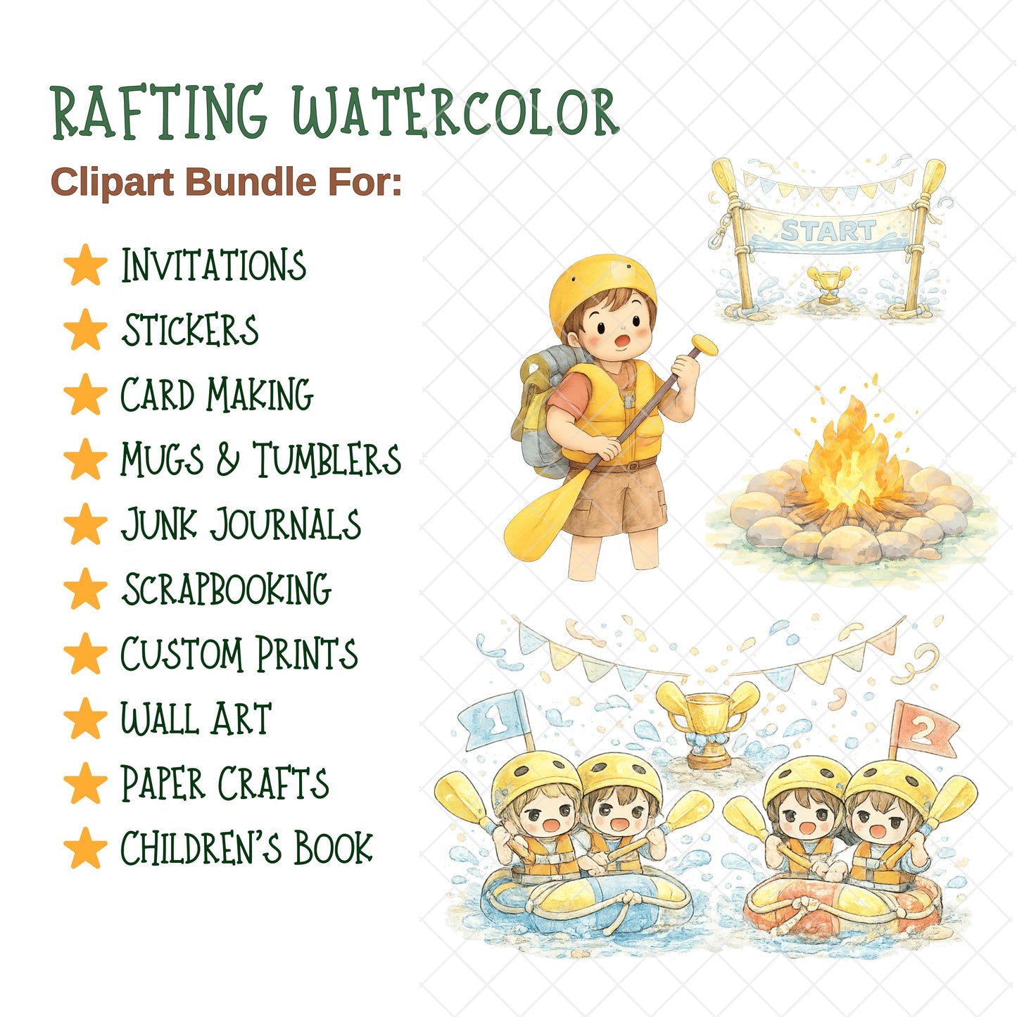 Rafting Watercolor Clipart – Outdoor Adventure PNG, Kids Camping & River Rafting Illustrations for Travel Journals, Invitations & Crafts (51 PNG)
