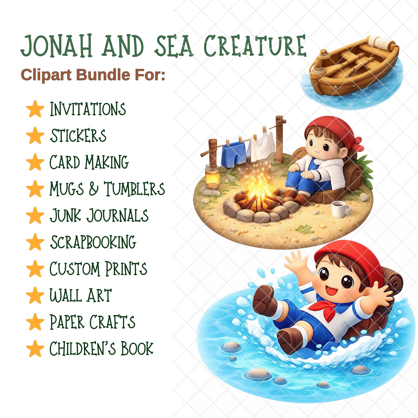 Jonah and the Whale Clipart Bundle – 3D Bible Story PNG, Christian Kids Ocean Art, Sunday School & VBS Graphics, 60 PNG