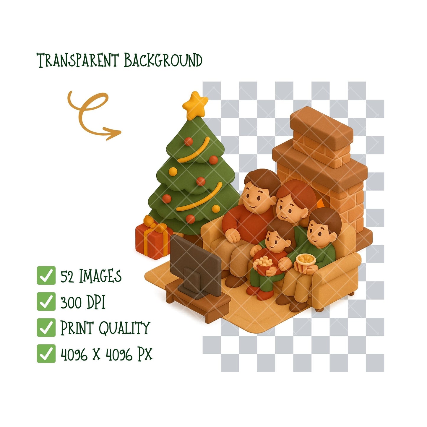 Christmas Family Clipart PNG | Cozy Holiday Living Room Scenes | Festive Home Christmas Art | Winter Family PNG | Commercial Use