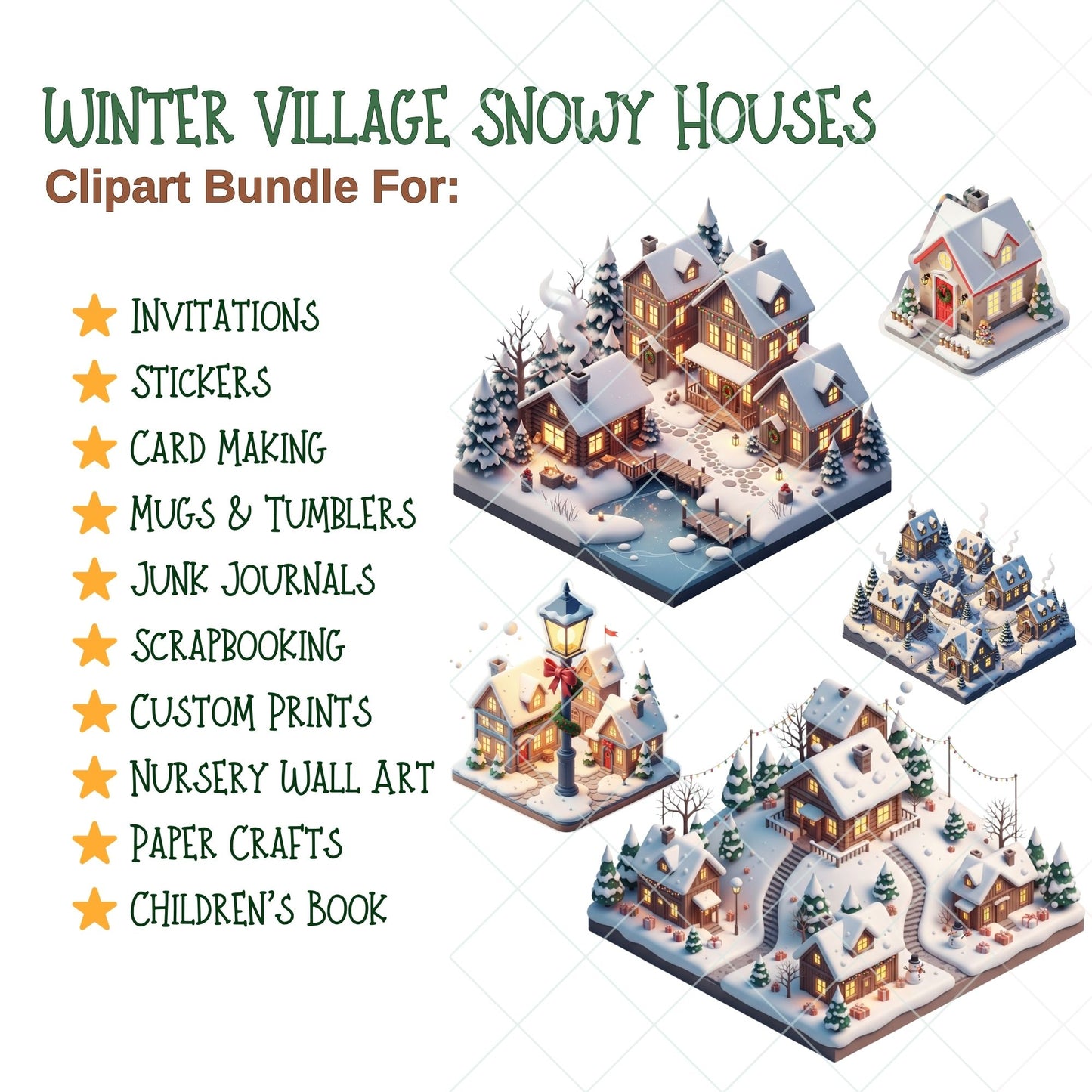 Winter Village Clipart – 52 Christmas Town PNG Graphics | Snowy Houses, Cozy Cabins, Holiday Village 3D Art