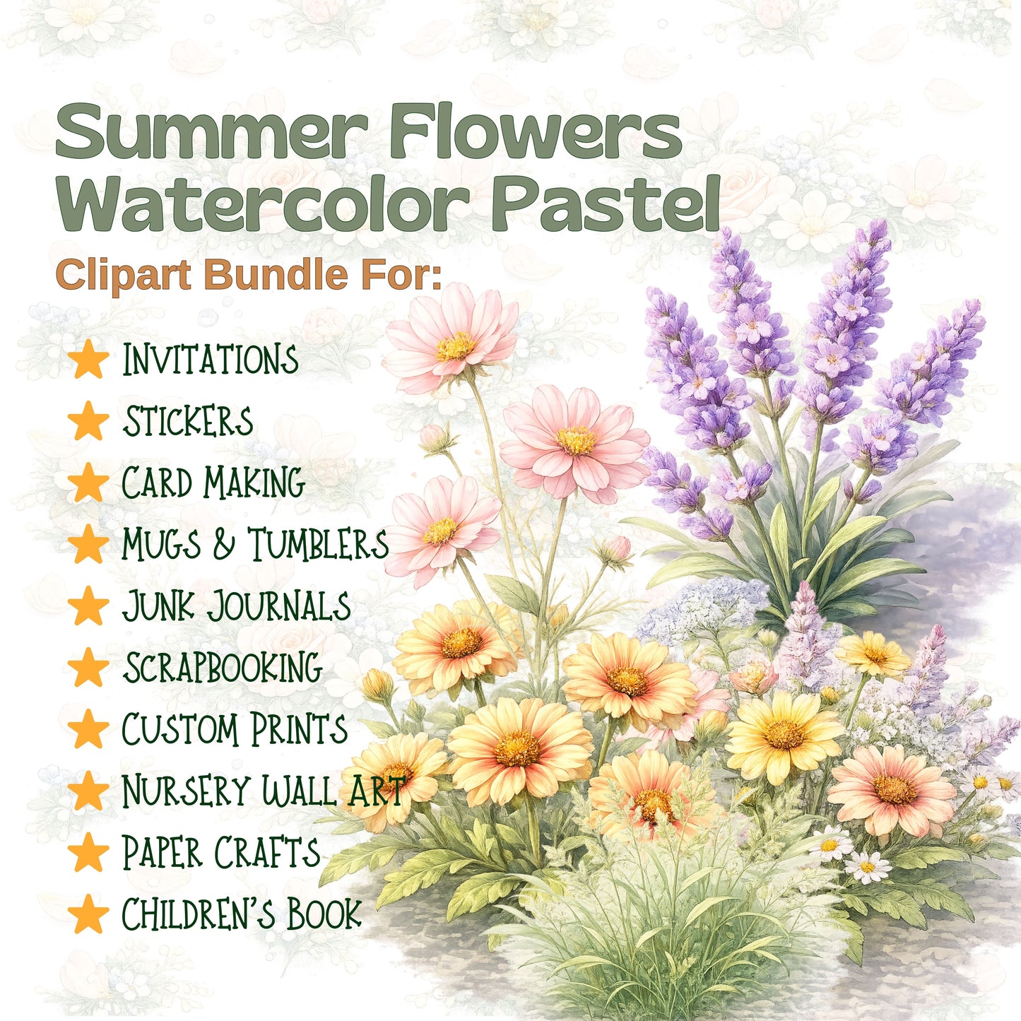 Summer Watercolor Floral Clipart – Pastel Flower PNG Bundle (55 Files) – Garden Bouquets, Baby Shower & Wedding Graphics
