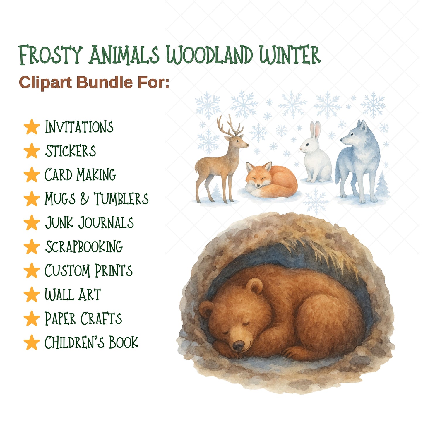 Woodland Winter Animals PNG Clipart – Frosty Forest Watercolor Set | Christmas Nursery Art, Stickers, Planners