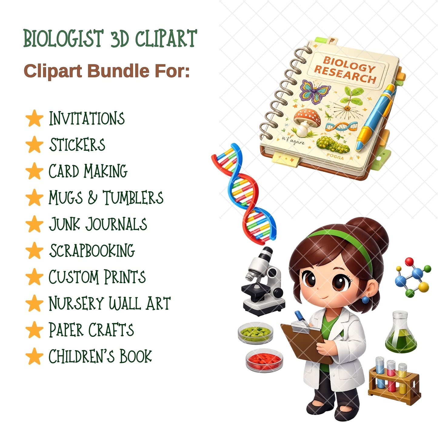Biologist 3D Clipart Bundle – 49 Science PNG Files – STEM Classroom Decor, Lab Graphics & Nature Study Art