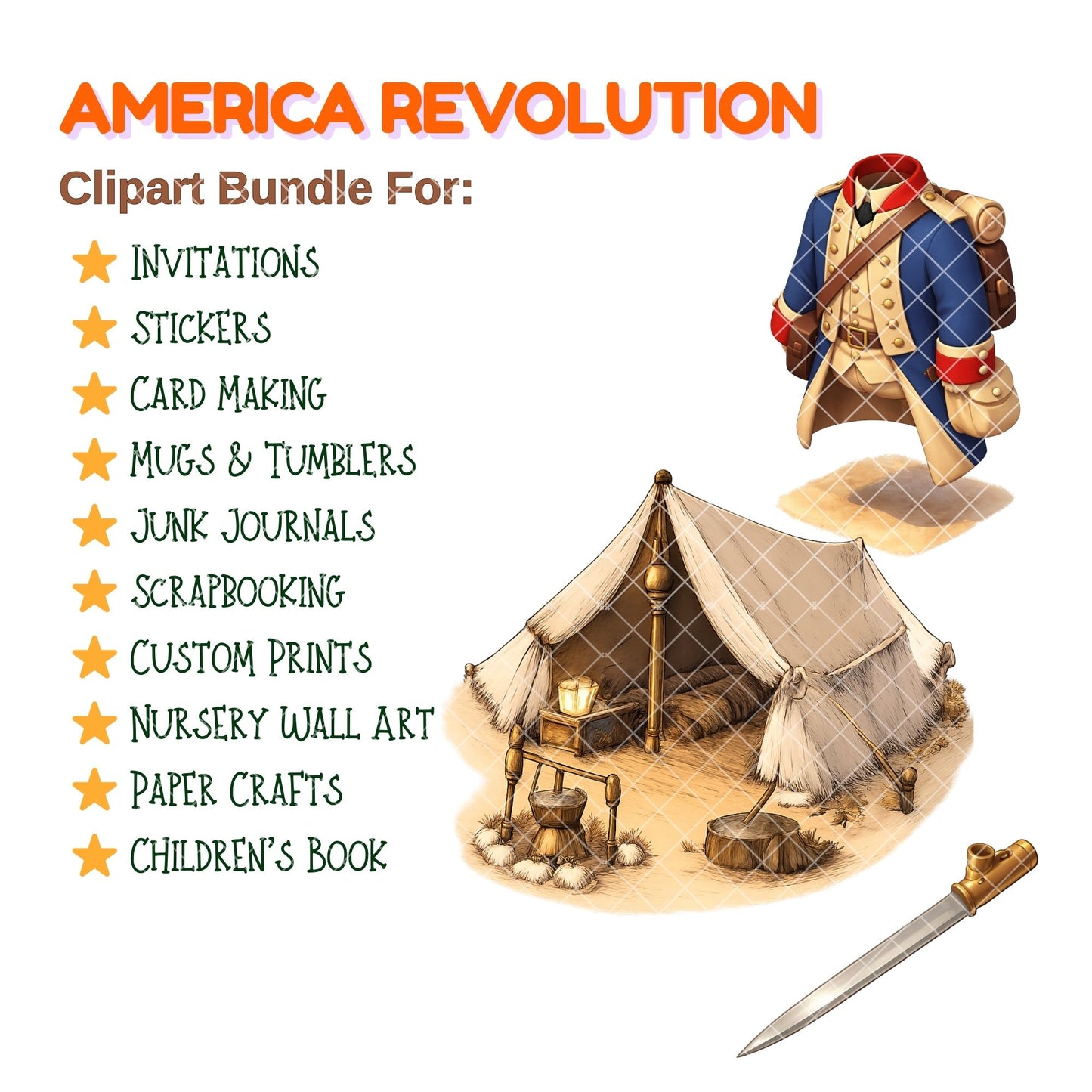 American Revolution Clipart – 50 Colonial PNG Files – Revolutionary War Soldiers, Cannons & History Classroom Graphics