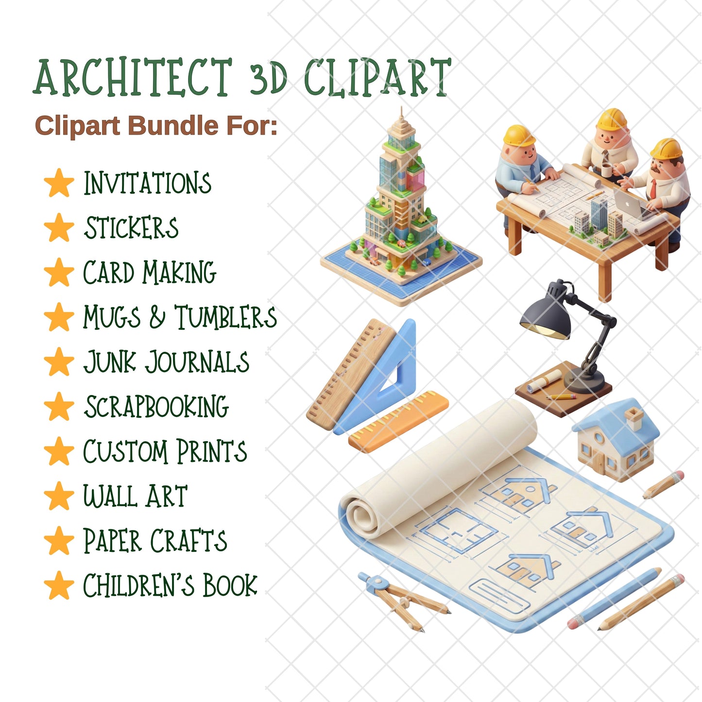 Architect Isometric Clipart Bundle | Construction 3D PNG Graphics | Architecture Tools, Blueprint, Engineer Clipart | STEM Education Design