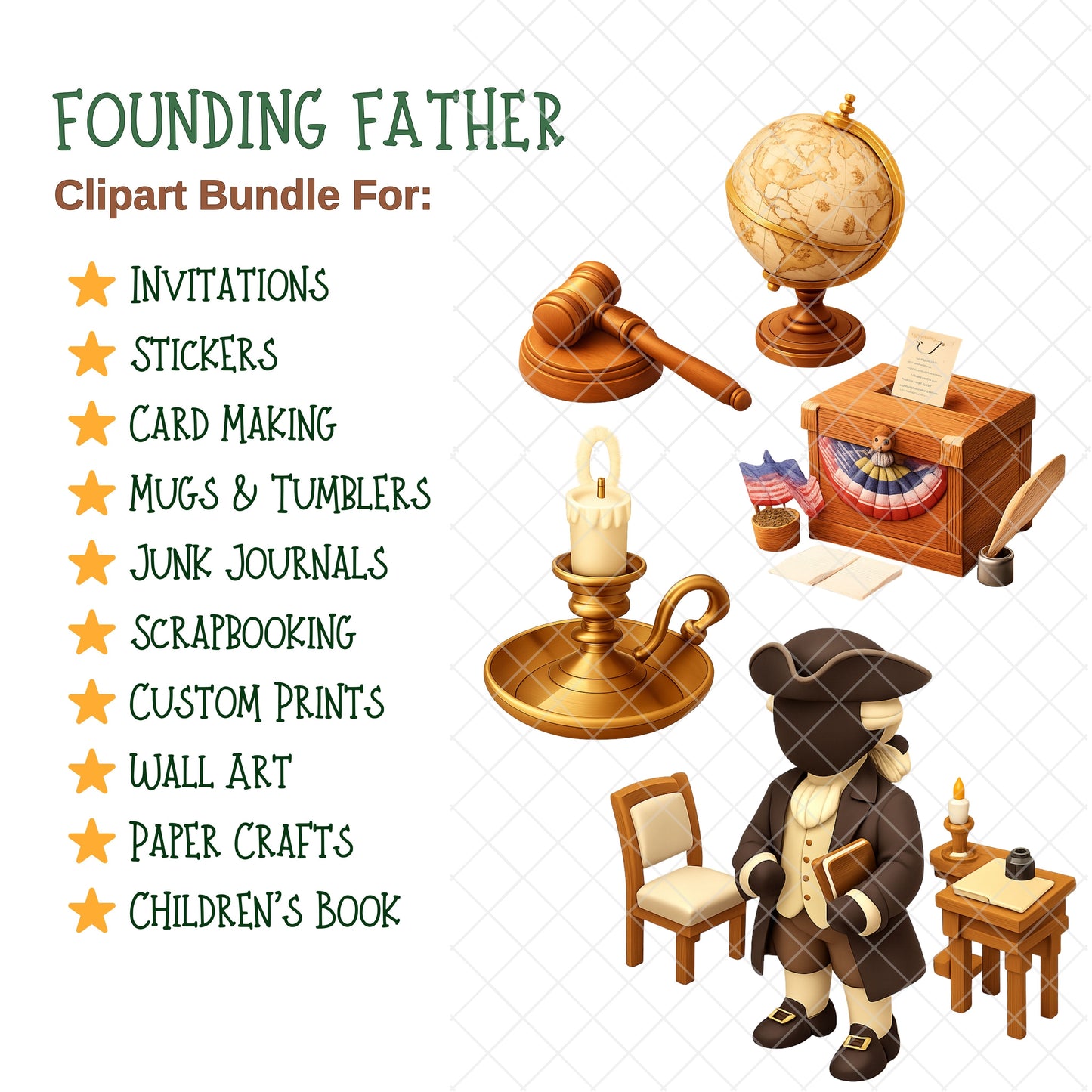 Founding Father Clipart Bundle – Colonial Desk, Documents & Printing Press PNG, US History Classroom Graphics, Patriotic 3D Art, 54 PNG