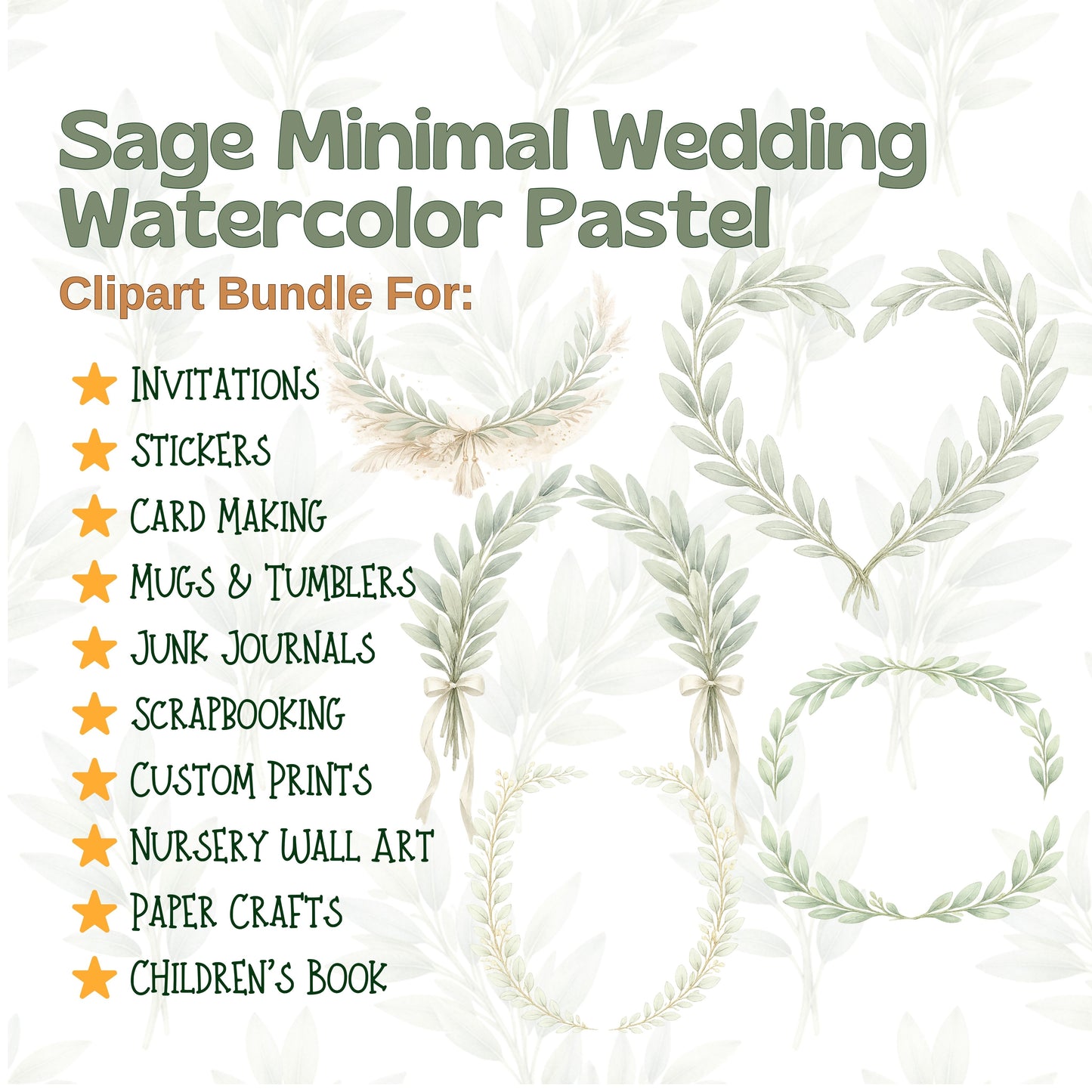 Sage Green Wedding Clipart – 55 Watercolor Greenery PNG Files – Minimal Botanical Floral Invitation Set