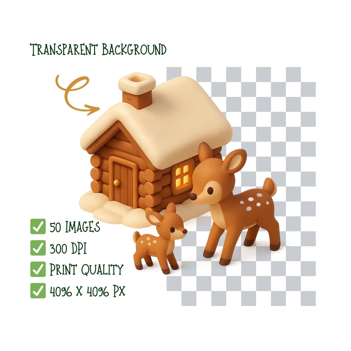 Deer Fawn Clipart – 3D Woodland Animal PNG Set, Cute Baby Deer Nursery & Winter Illustrations (50 Files)