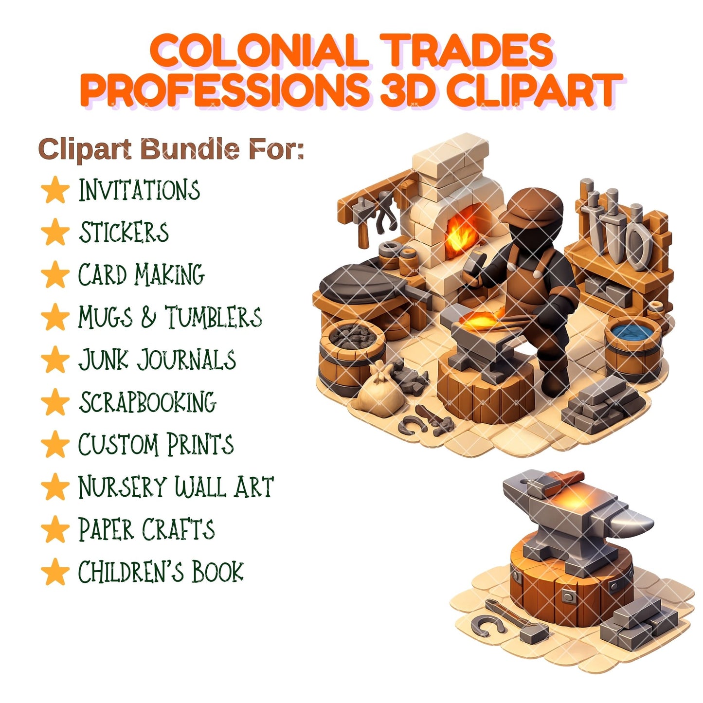 Colonial Trades Clipart – 54 Early American Profession PNG Files – Blacksmith, Baker & Colonial America Graphics