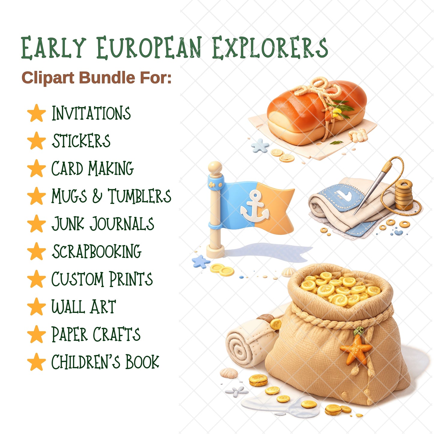 Early European Explorers 3D Clipart – 55 PNG Files | Age of Exploration History Classroom & Homeschool Pack