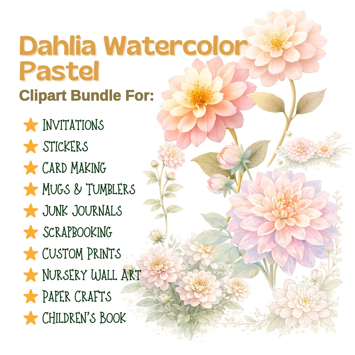 Dahlia Watercolor Clipart – 55 Pastel Floral PNG Files – Romantic Dahlia Bouquets & Garden Flowers
