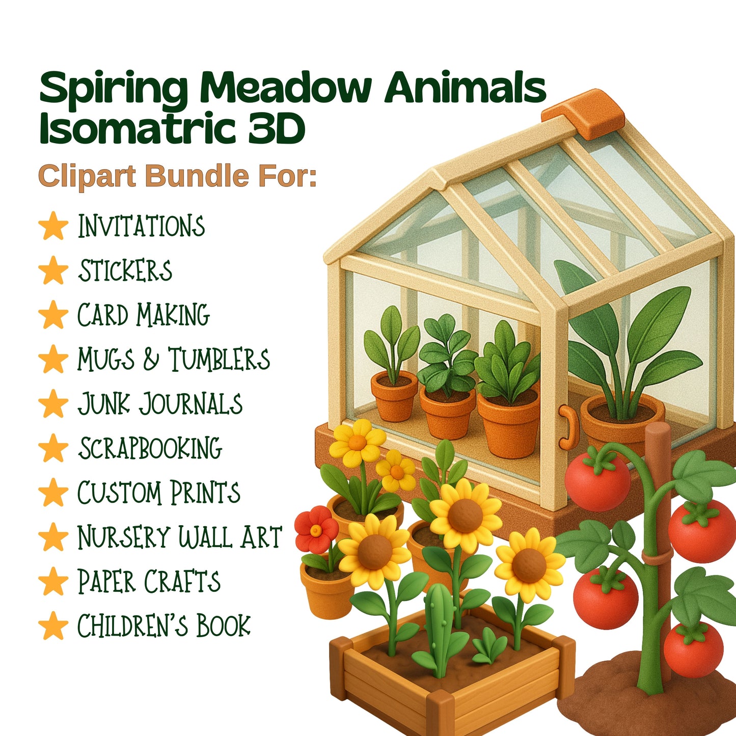 Gardening Clipart Bundle – 55 Isometric Garden PNGs – Tools, Plants, Vegetable Beds & Spring Planner Graphics