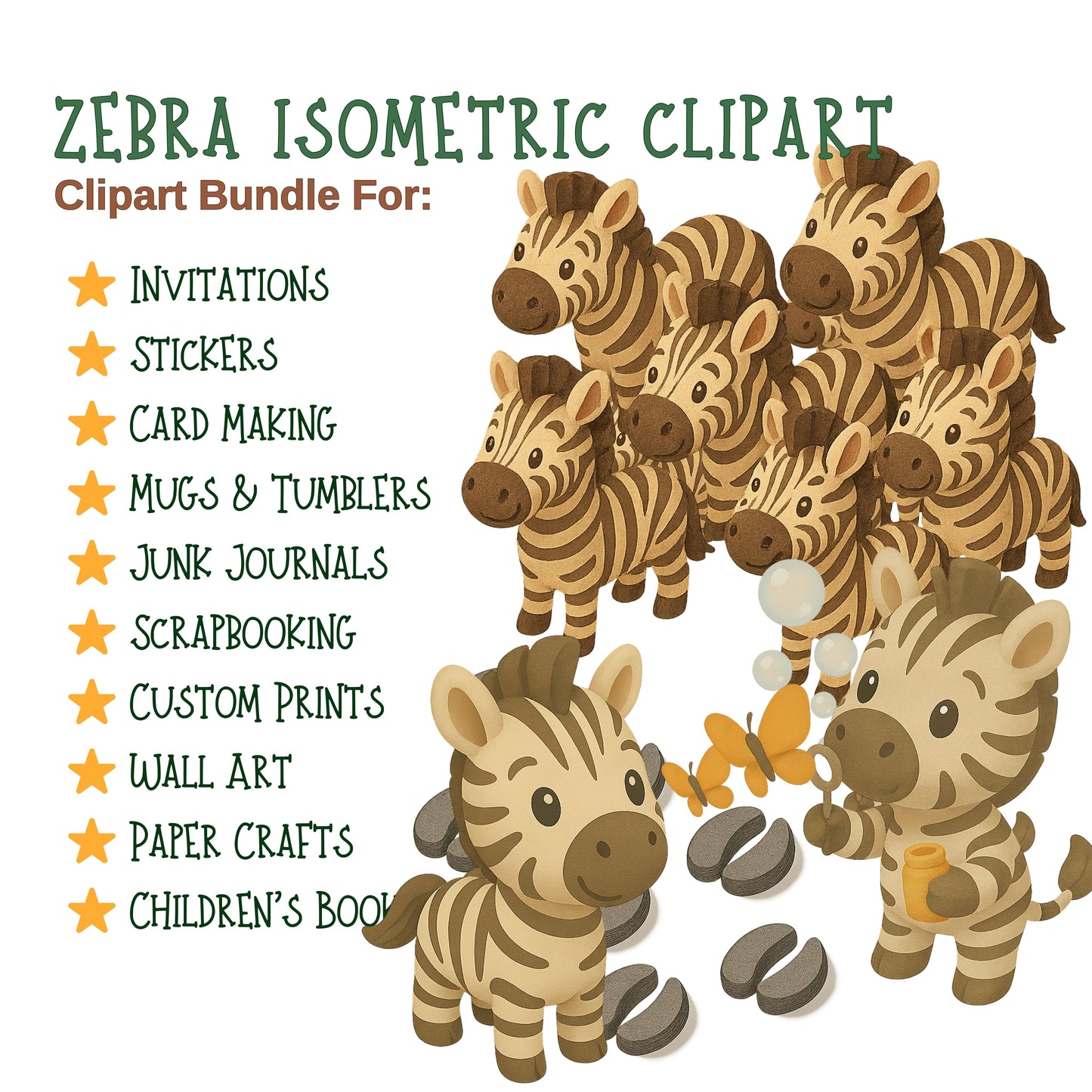 Zebra Clipart Bundle – 3D Isometric Safari PNGs (44 Files) – Cute Jungle Animals, Nursery & Classroom Graphics