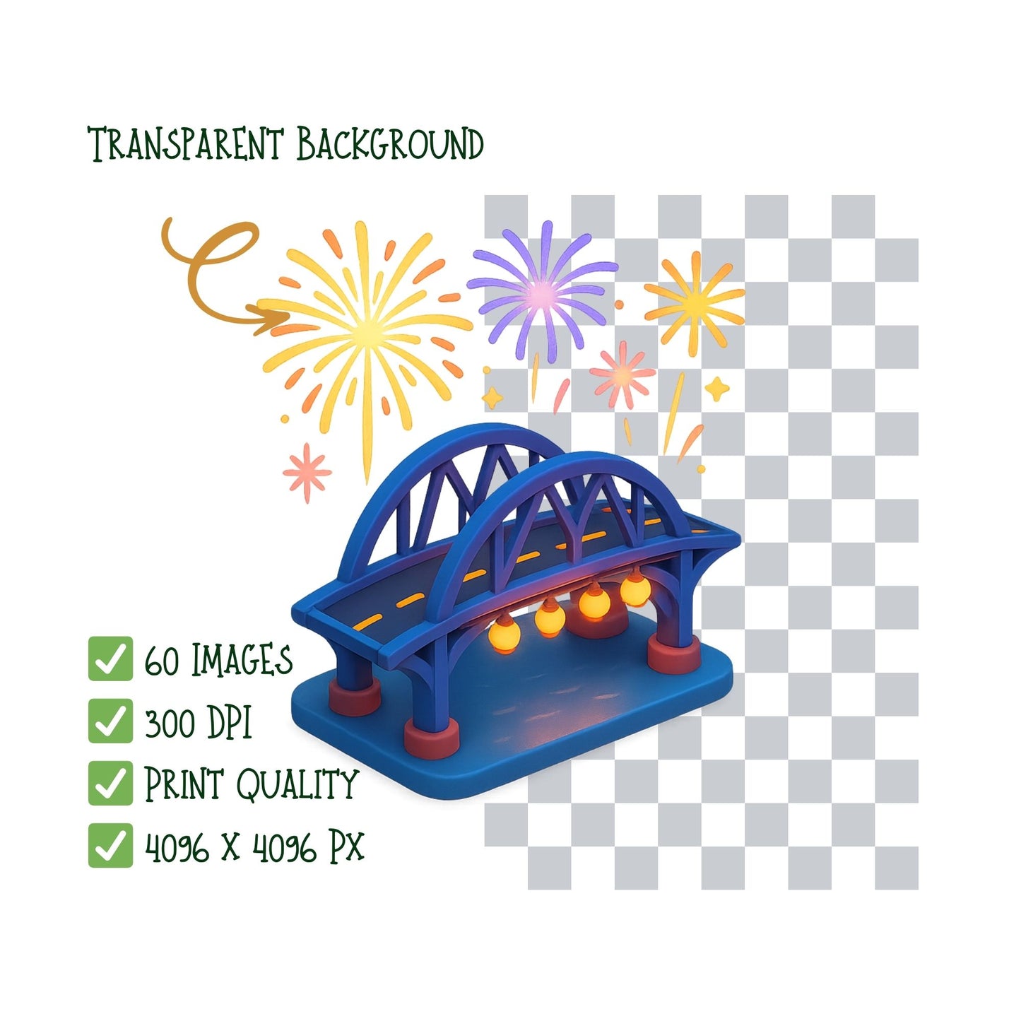 New Year Fireworks Festival Clipart – 2026 Street Party PNG Set, Parade Music Food Stalls, 3D Celebration Graphics, 60 PNG Files