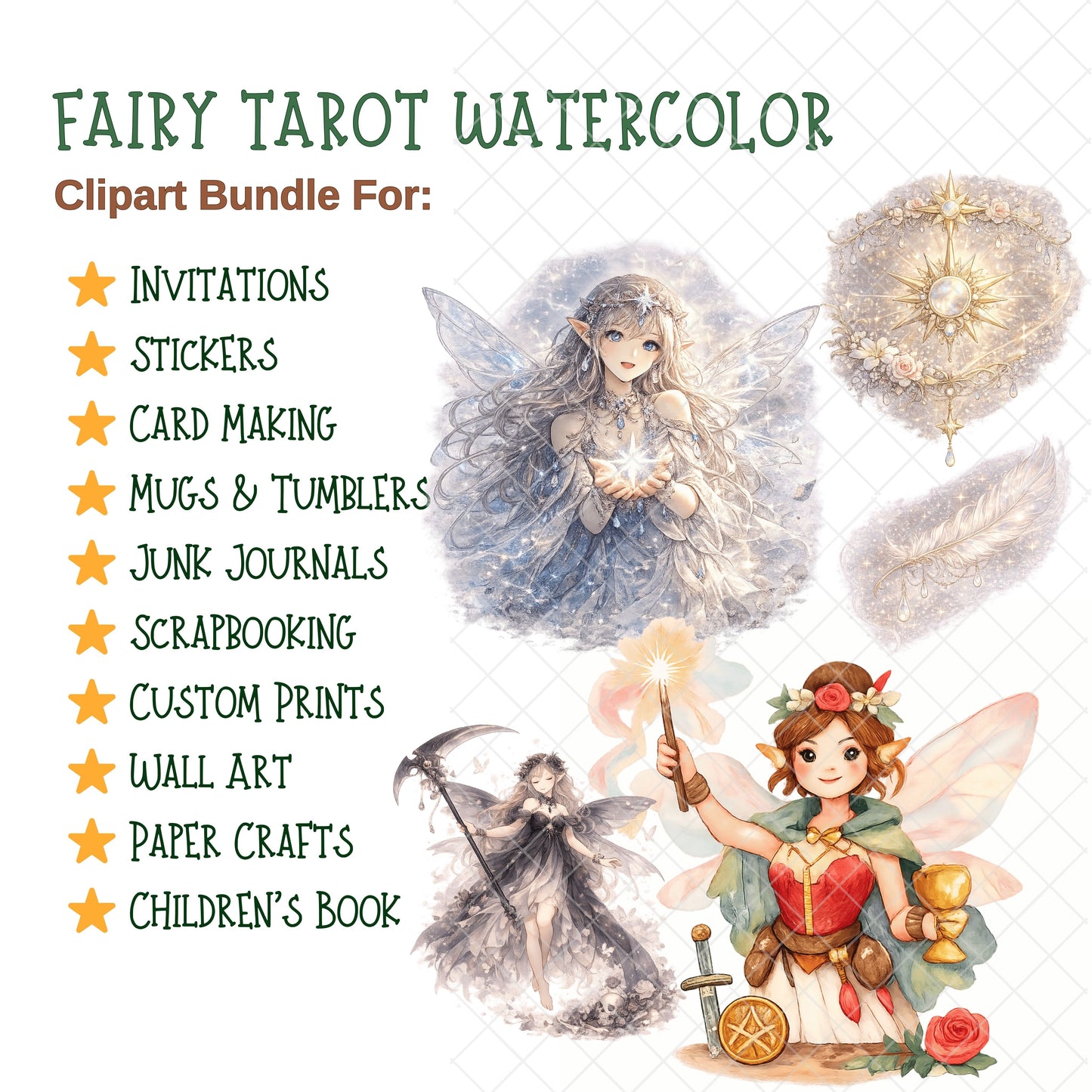 Fairy Tarot Watercolor Clipart – 55 PNG Files | Fantasy Tarot Cards, Magical Fairies, Spiritual & Mystic Art