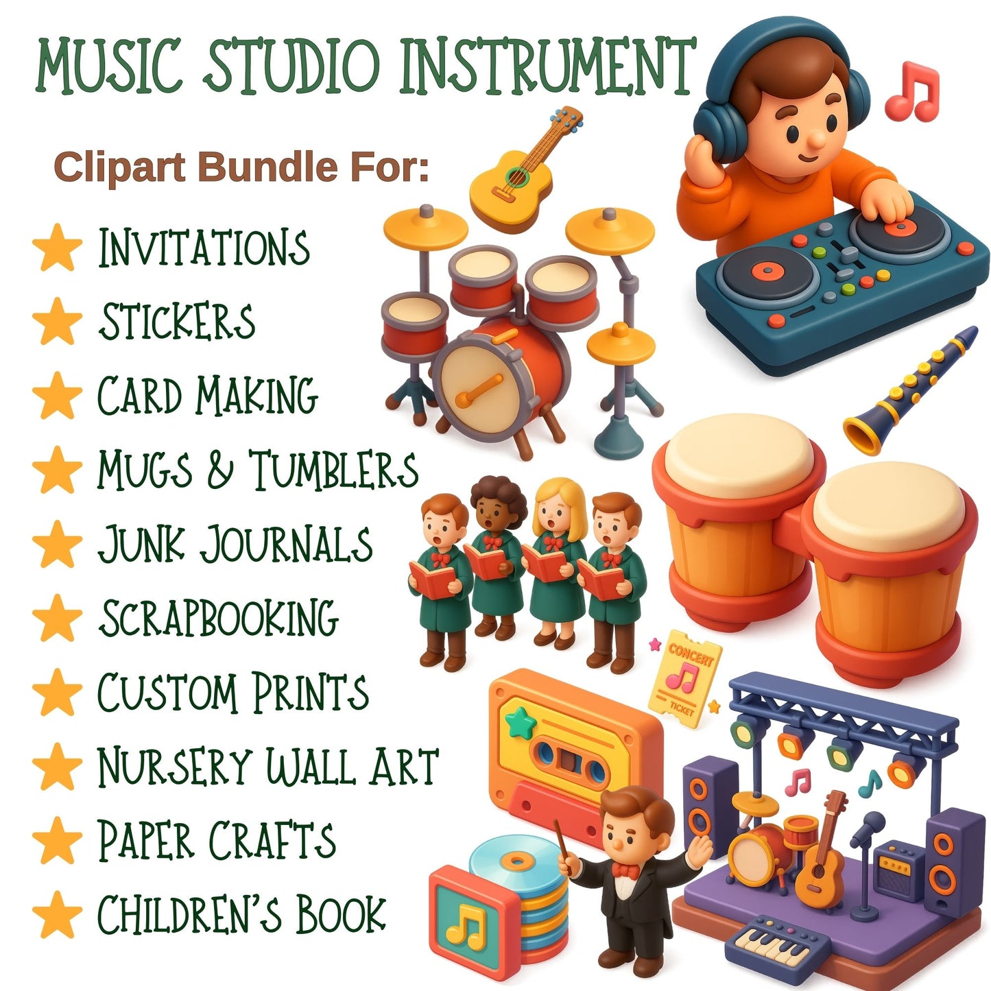 3D Music Instrument Clipart – Studio Equipment PNG Bundle | Guitars, Piano, Drums, Microphones (60 Files)